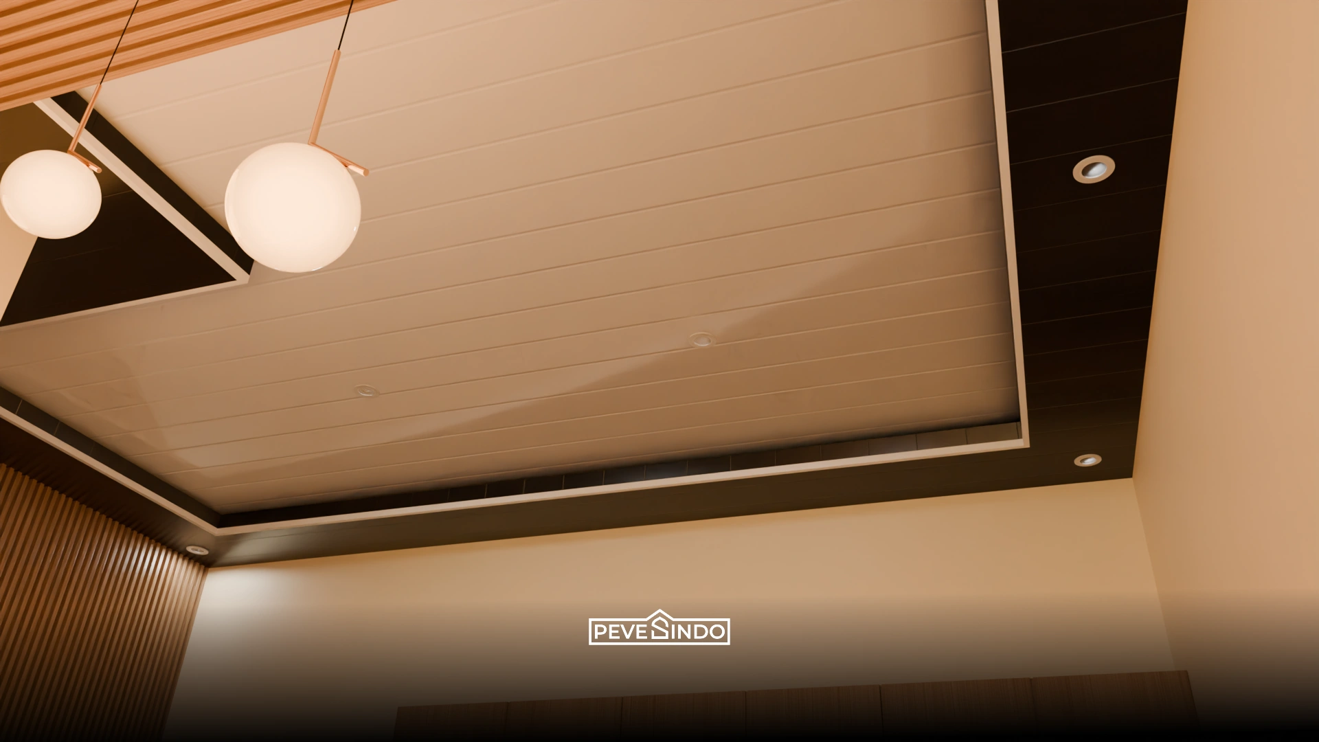 Desain interior rumah dapur industrial dengan plafon PVC warna abu-abu gelap yang elegan.