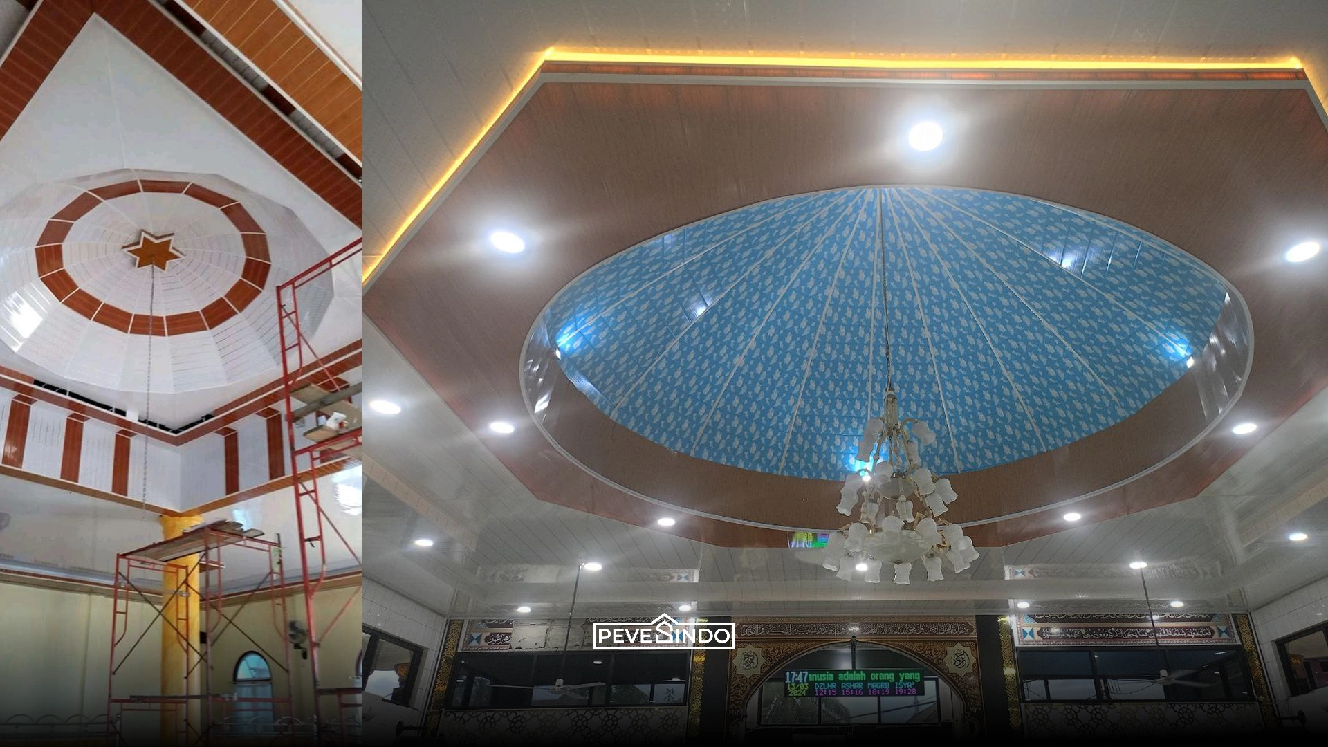 Desain plafon lingkaran tengah dengan lampu kristal gantung di atas meja makan.