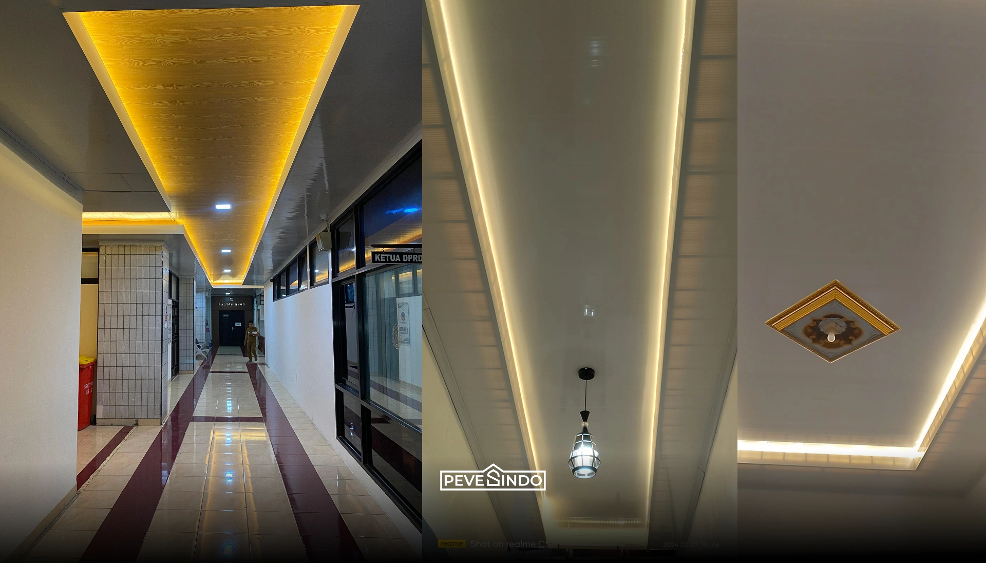 Desain plafon drop ceiling lorong rumah memanjang dengan lampu LED strip warm white.