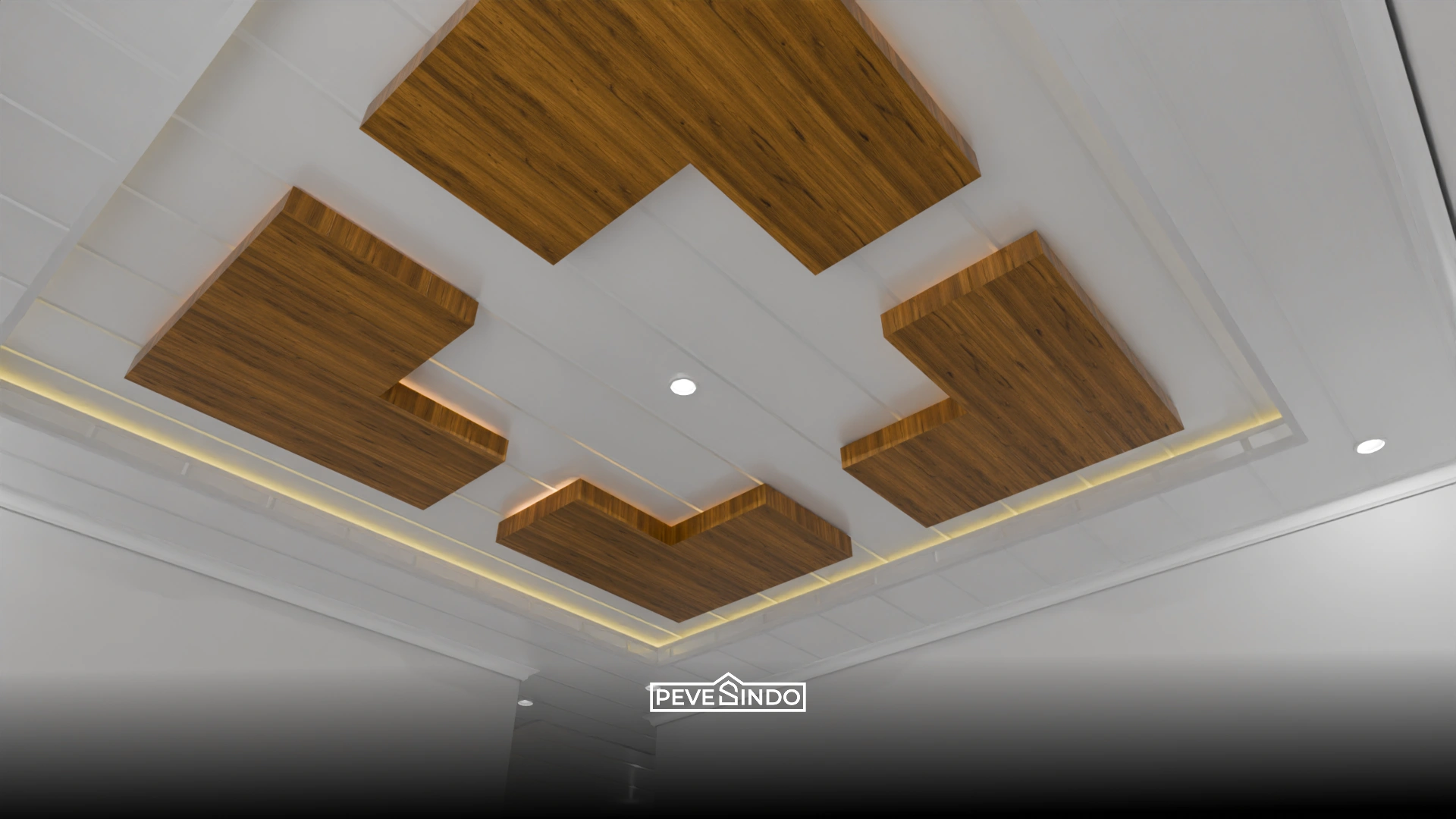 Ceiling minimalis motif kayu cokelat tua dengan lampu gantung industrial hitam.