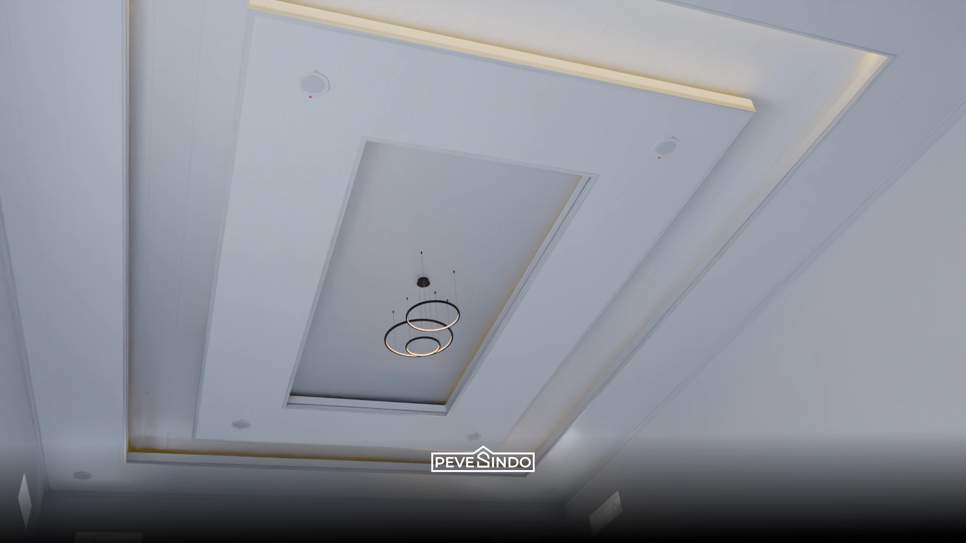Contoh model drop plafon PVC bertingkat dua dengan kombinasi warna putih dan list emas.
