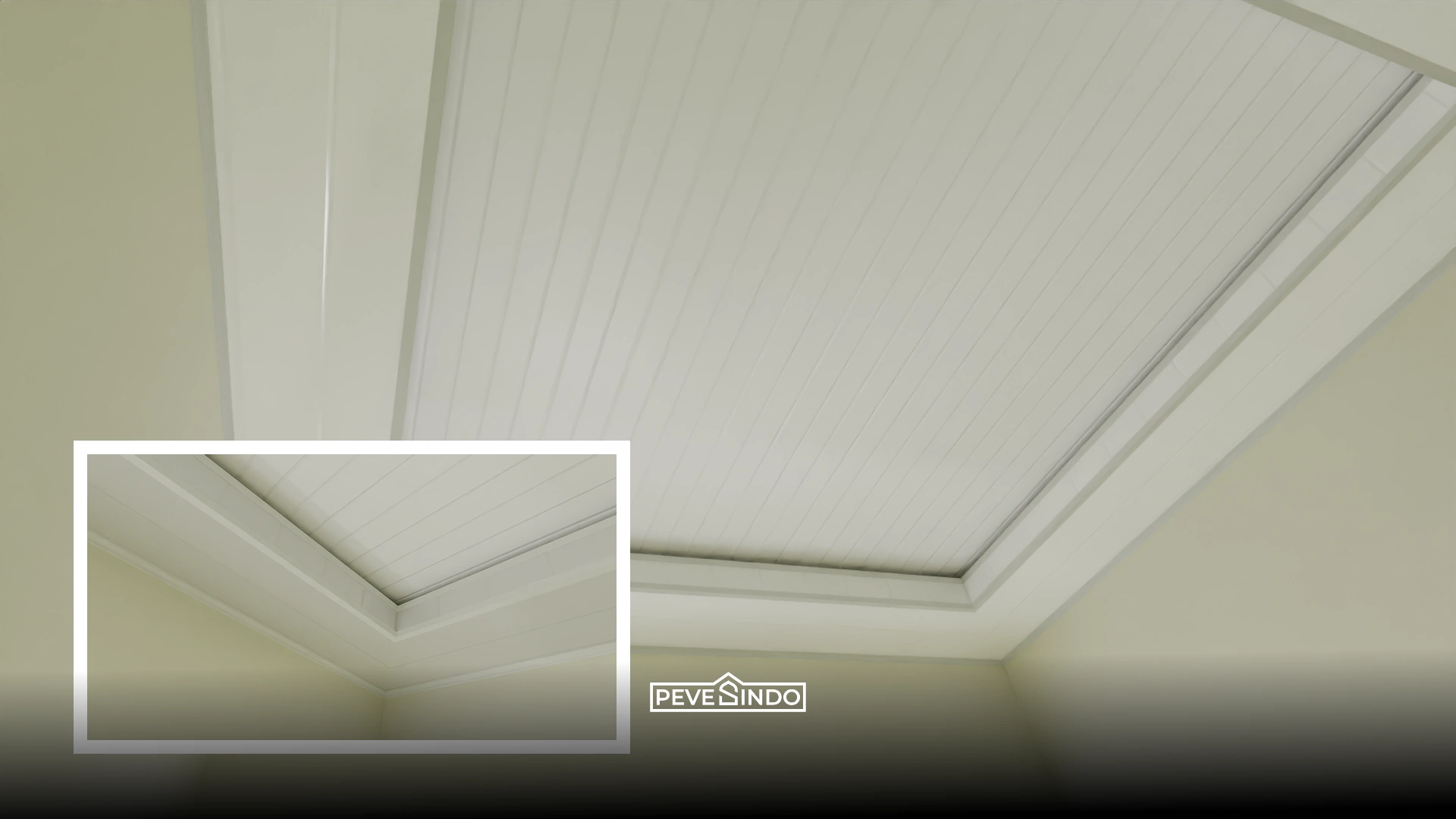 Desain plafon drop ceiling bentuk kotak minimalis warna putih bersih di ruang tamu.