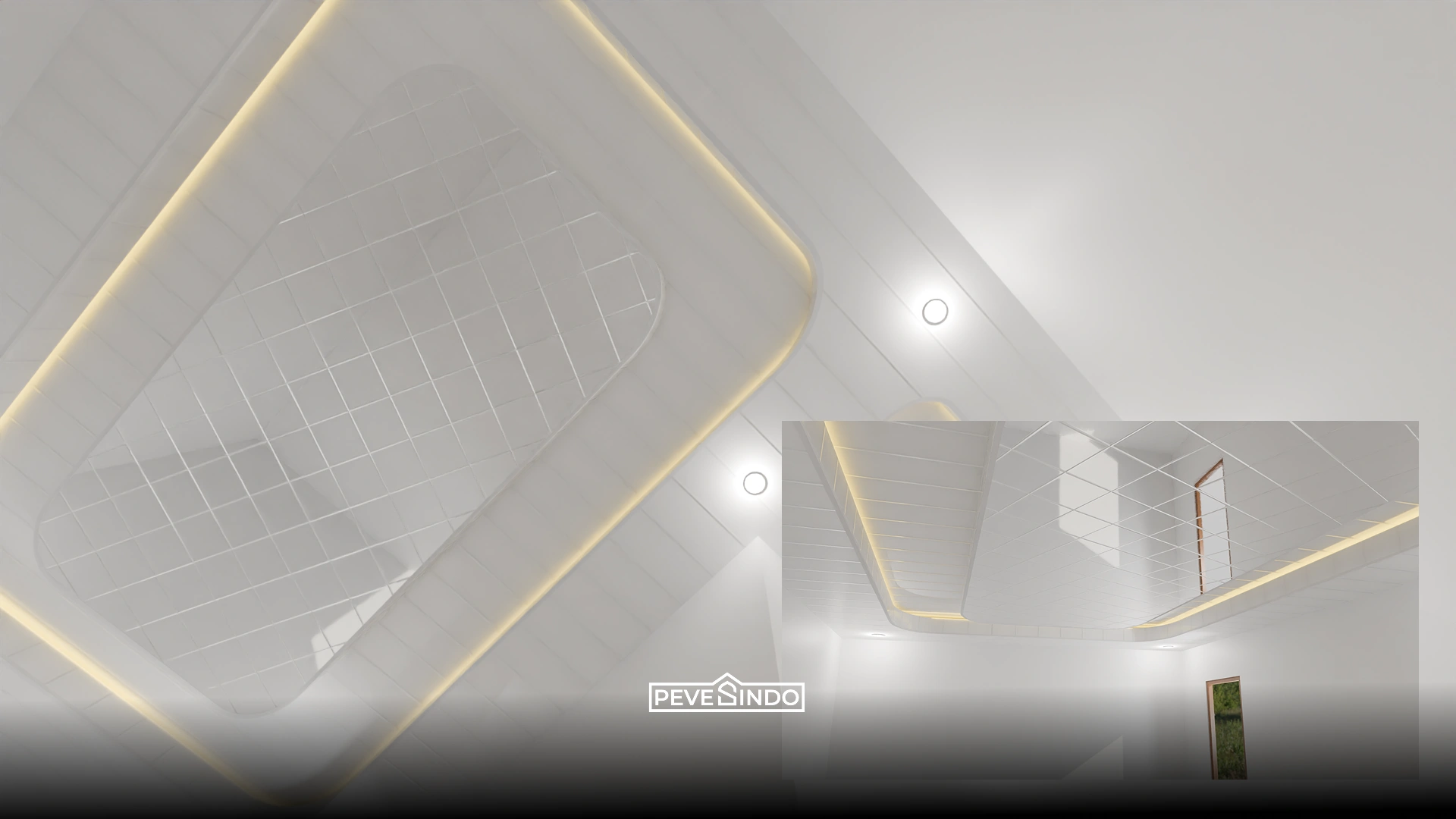 Plafon PVC dengan aksen list cermin gold atau silver buat kesan mewah di ruangan kecil.