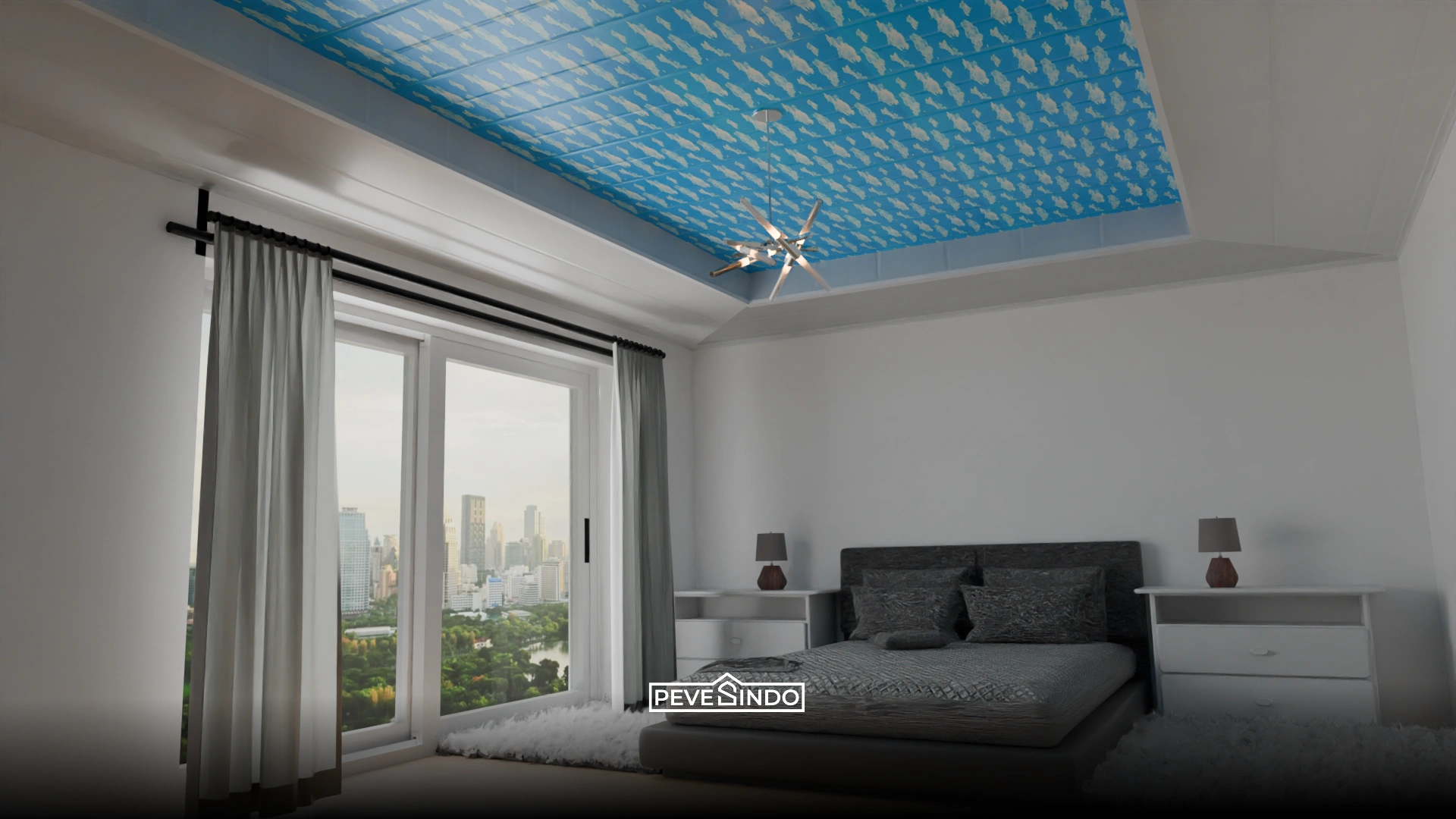 Plafon PVC motif awan biru cerah realistis buat kamar anak atau ruang santai.