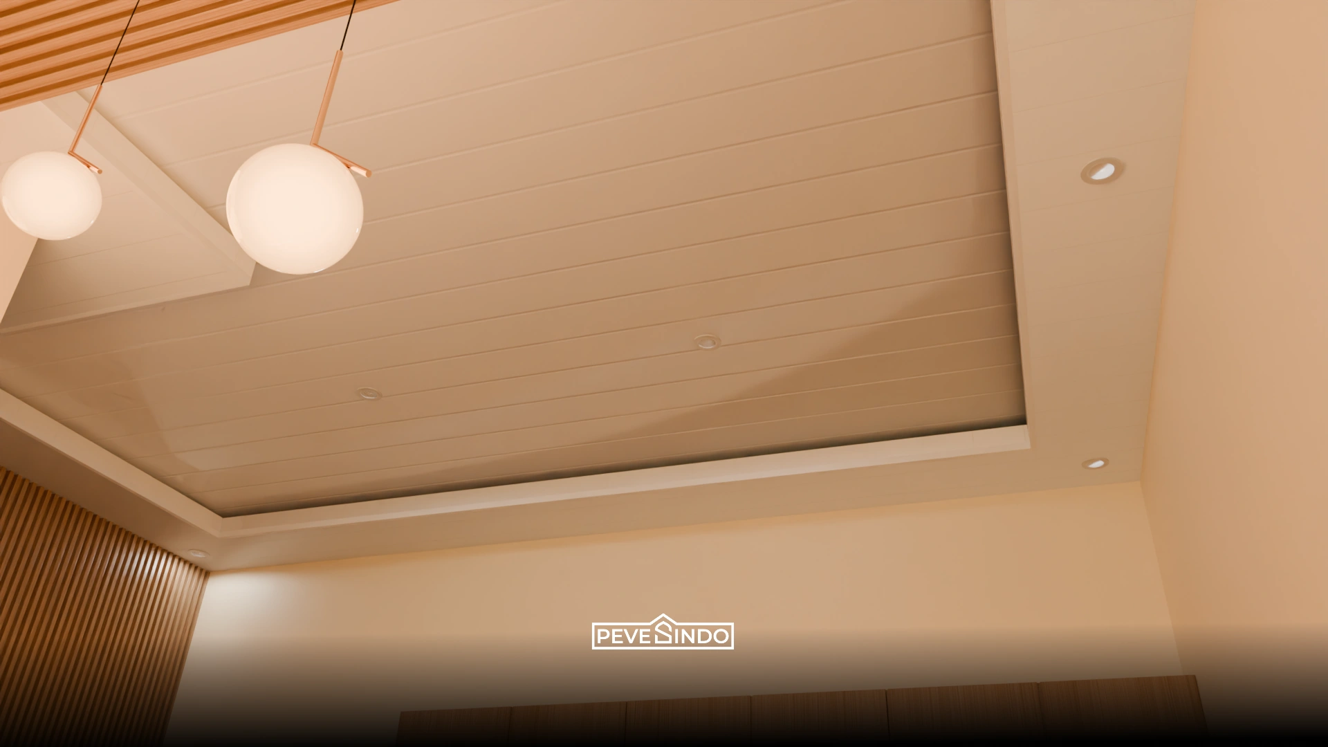 Kombinasi warna plafon PVC putih dan abu-abu muda buat kamar tidur ukuran 3x3.