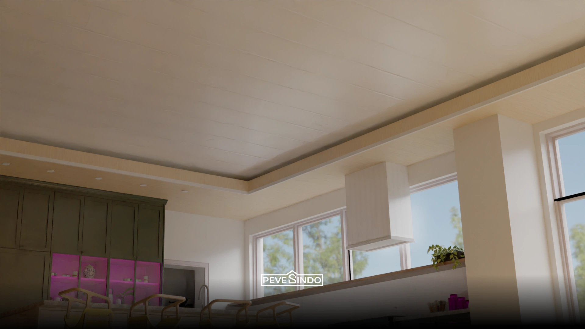 Plafon PVC motif kayu warna muda cerah buat kesan interior rumah scandinavian yang homey.