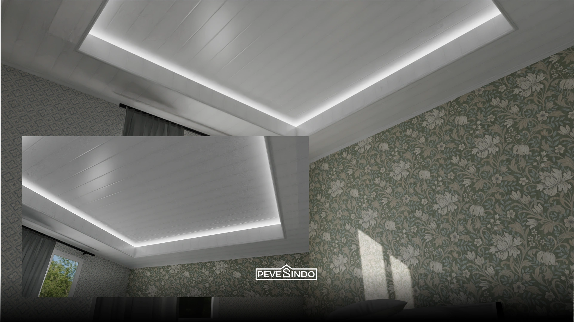 Desain drop ceiling PVC sederhana dengan lampu LED strip di pinggirannya.