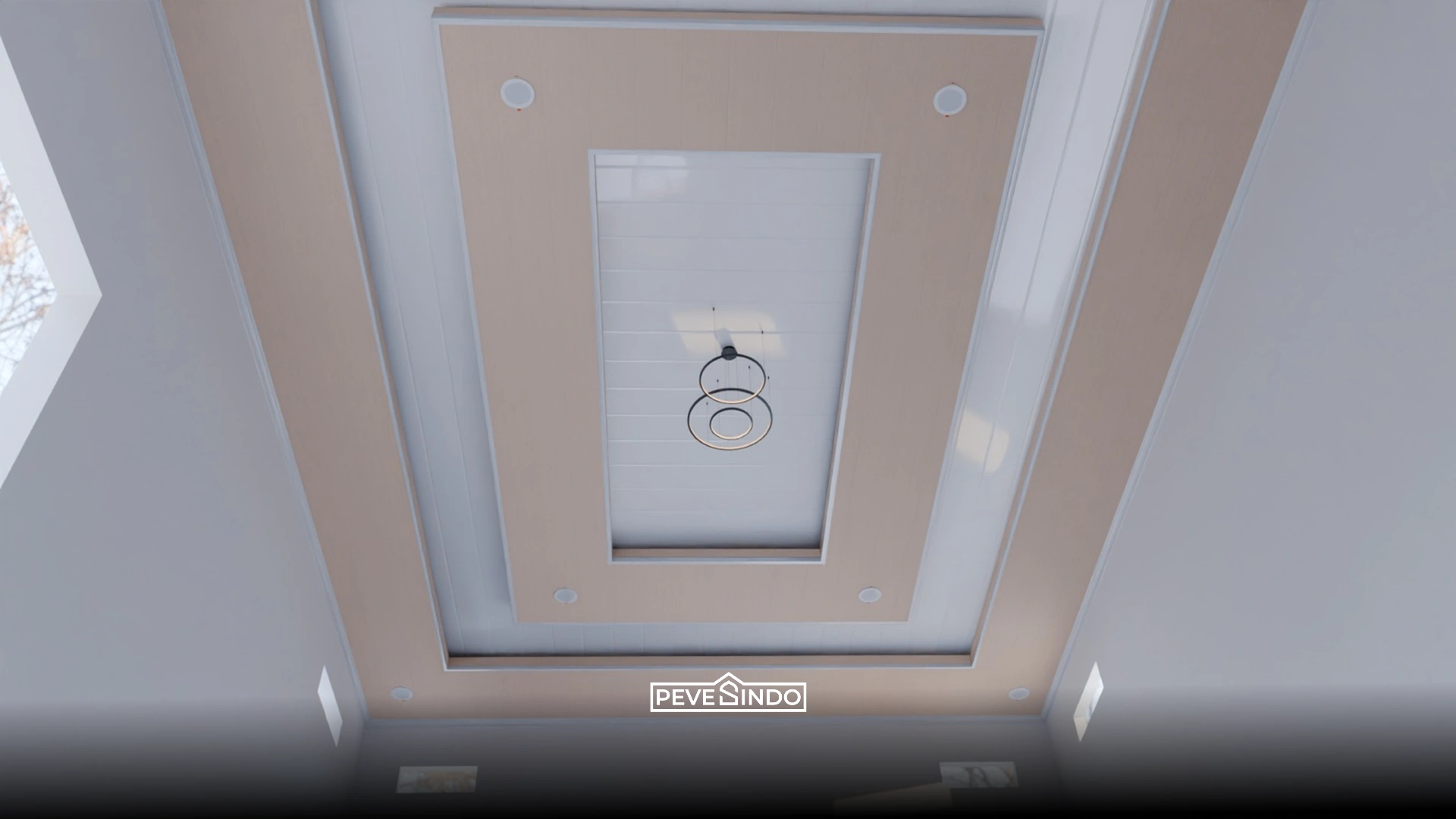 Plafon PVC warna krem beige klasik dengan tekstur halus untuk ruang makan keluarga.