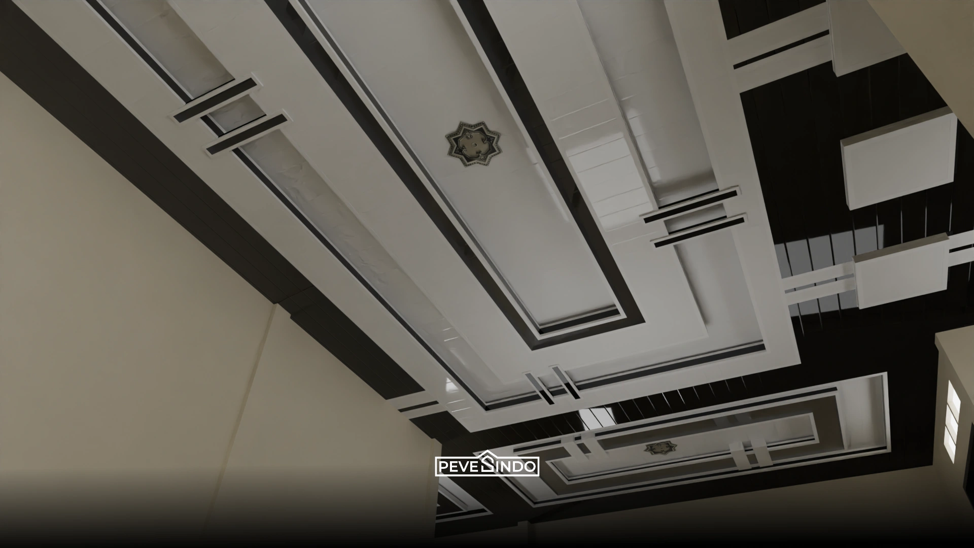 Desain plafon PVC warna abu-abu muda minimalis modern pada interior ruang tamu apartemen mewah.