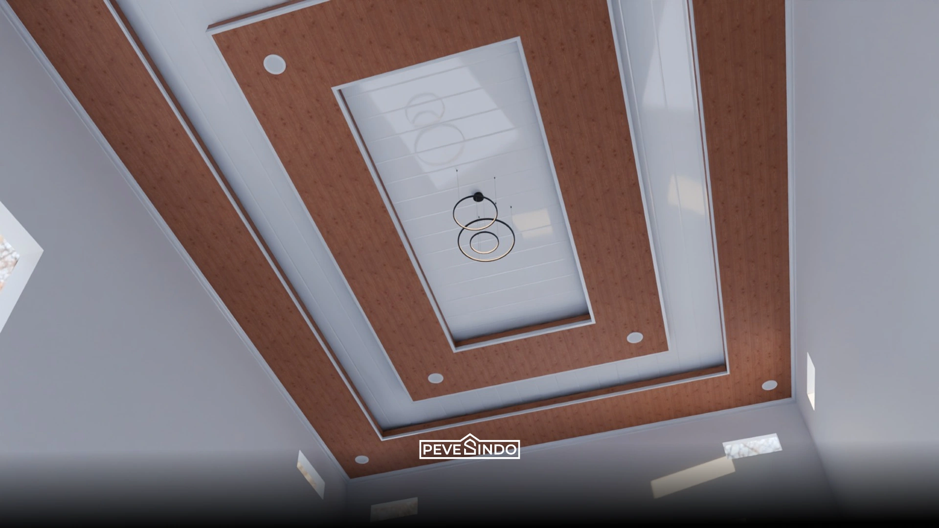 Model plafon PVC motif serat kayu cokelat natural dengan lampu downlight untuk ruang keluarga hangat.