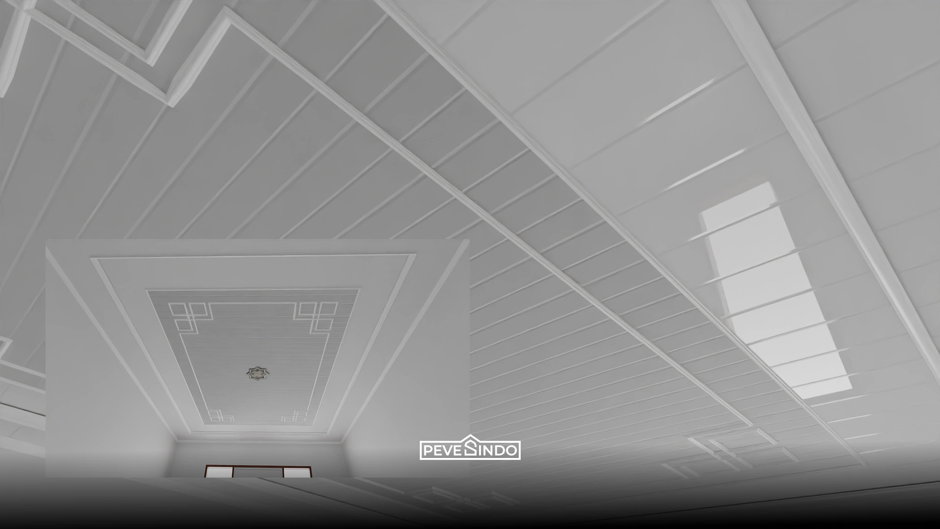 Plafon PVC putih polos mengkilap untuk kesan kamar tidur yang bersih dan luas.