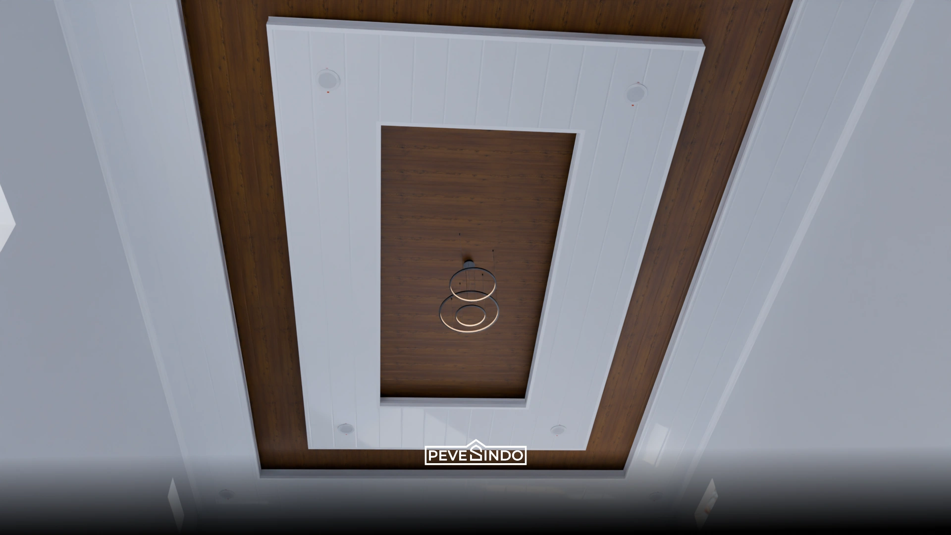 Contoh plafon PVC kamar tidur nuansa kayu gelap elegan untuk suasana tidur yang tenang.