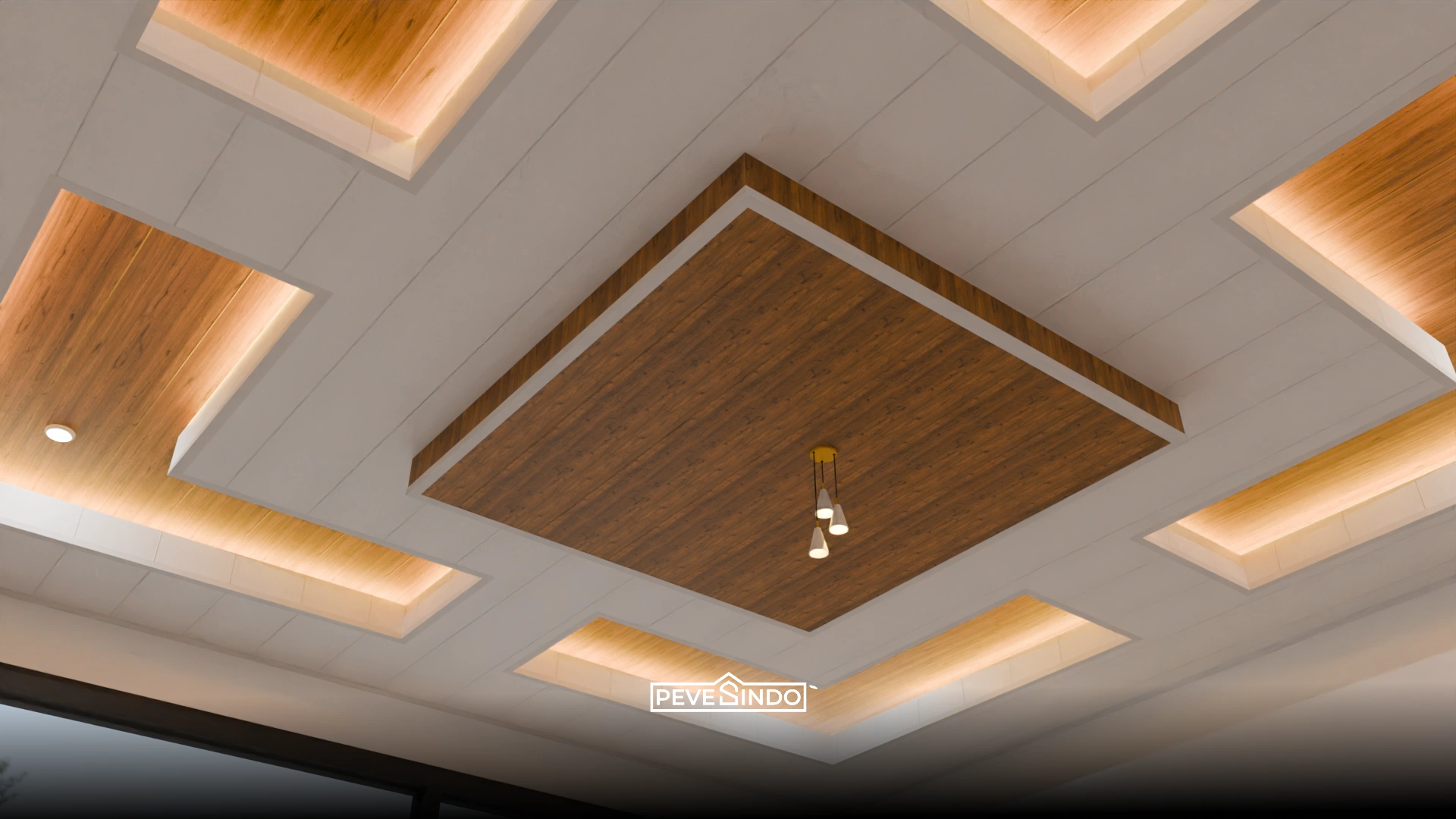 Inspirasi plafon PVC dengan pola garis geometris modern untuk kamar tidur remaja.