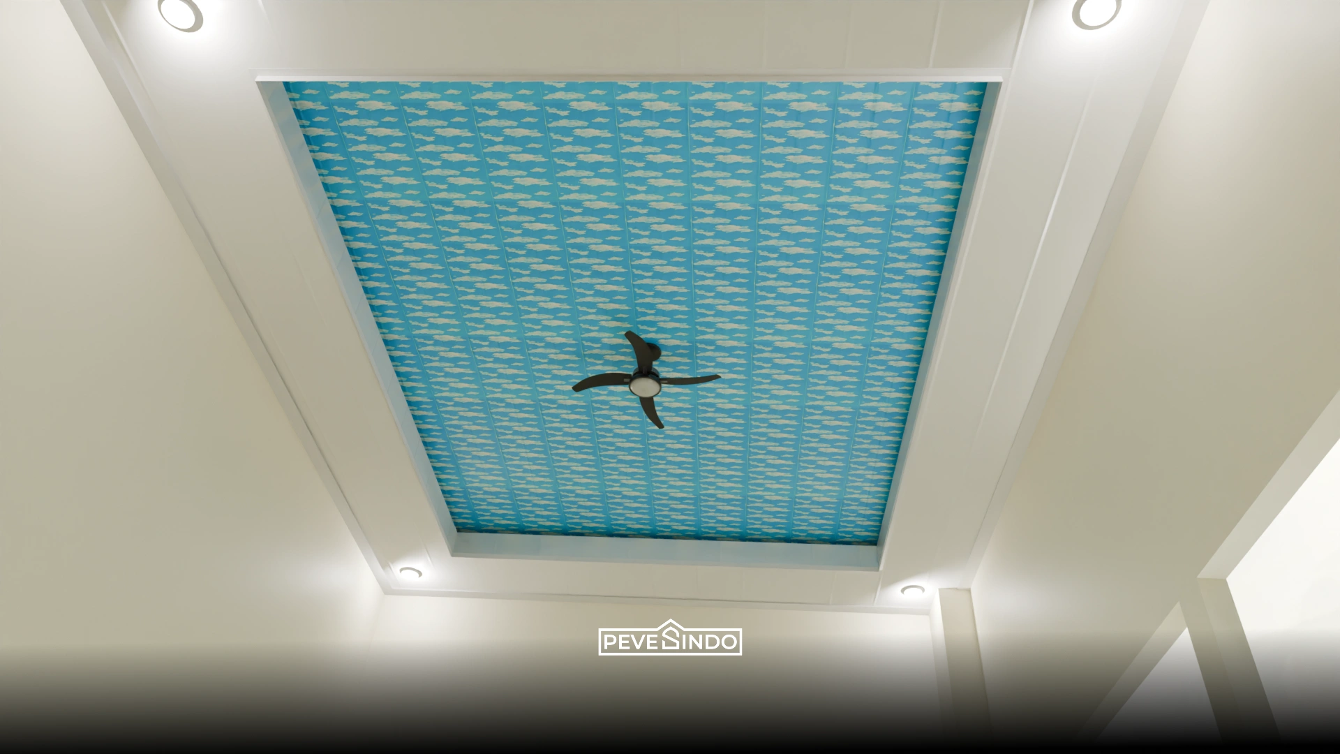 Contoh plafon PVC kamar tidur motif awan langit biru cerah untuk kamar anak.