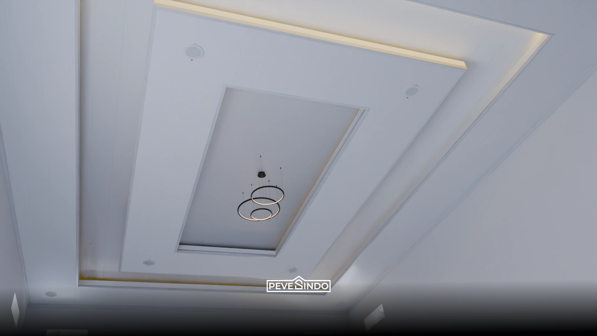 Desain plafon PVC model drop ceiling dengan lampu LED tersembunyi untuk pencahayaan kamar tidur yang lembut.