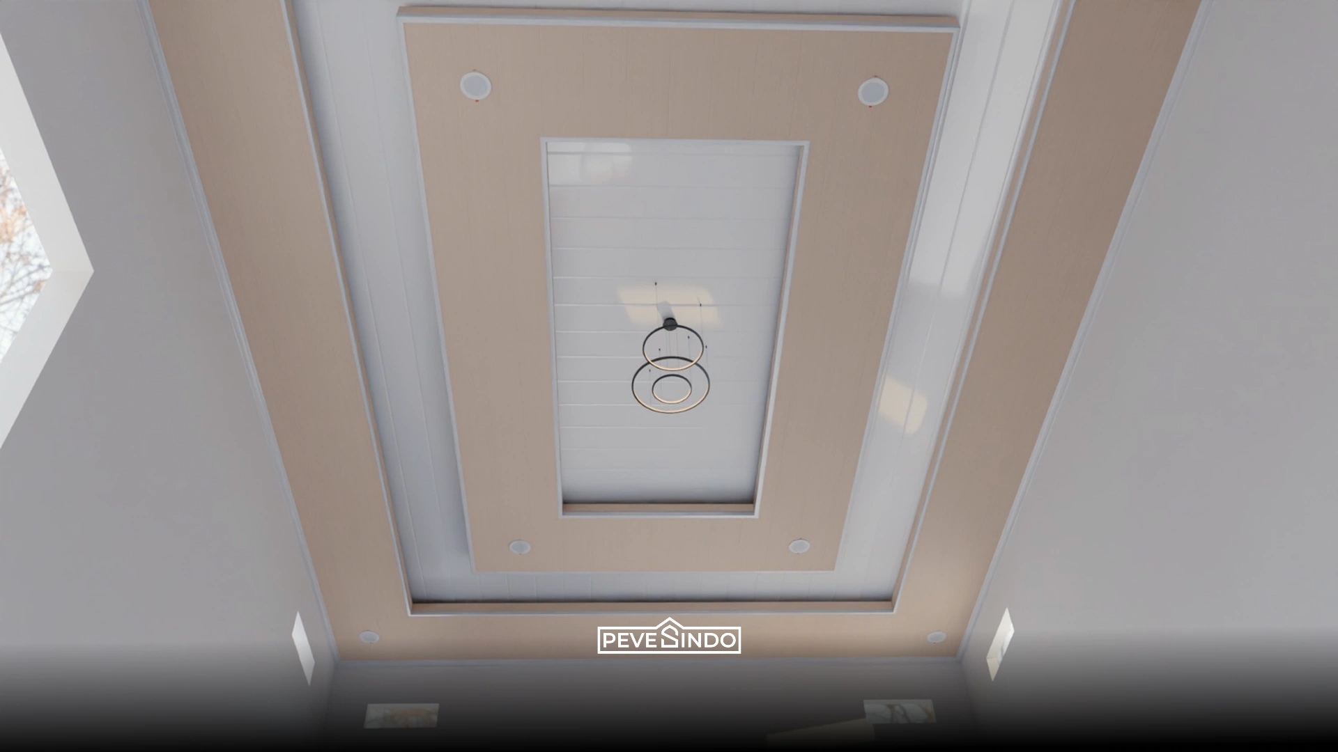 Contoh plafon PVC kamar tidur motif kayu coklat muda minimalis memberikan kesan hangat dan natural.