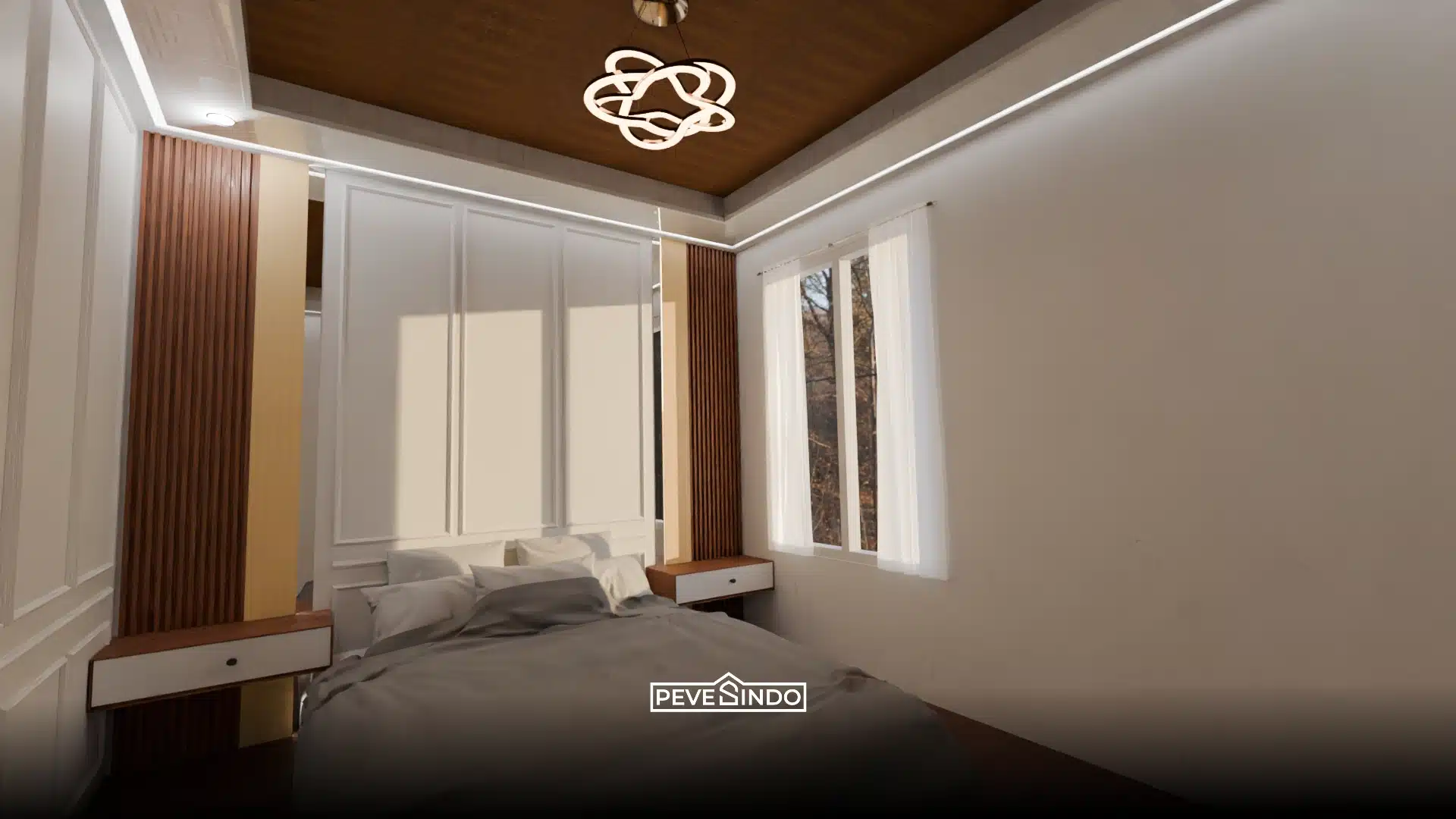 Plafon PVC motif kayu jati natural untuk desain kamar tidur nuansa hangat.