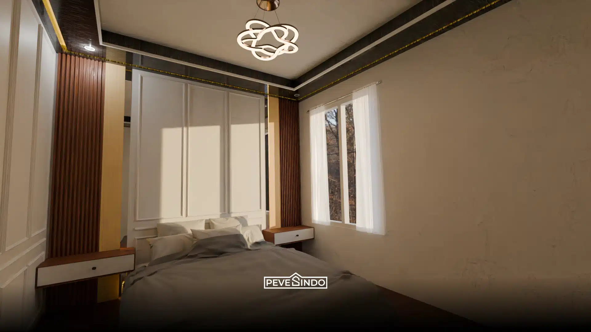 Model plafon PVC warna hitam glossy dengan lis emas mewah.