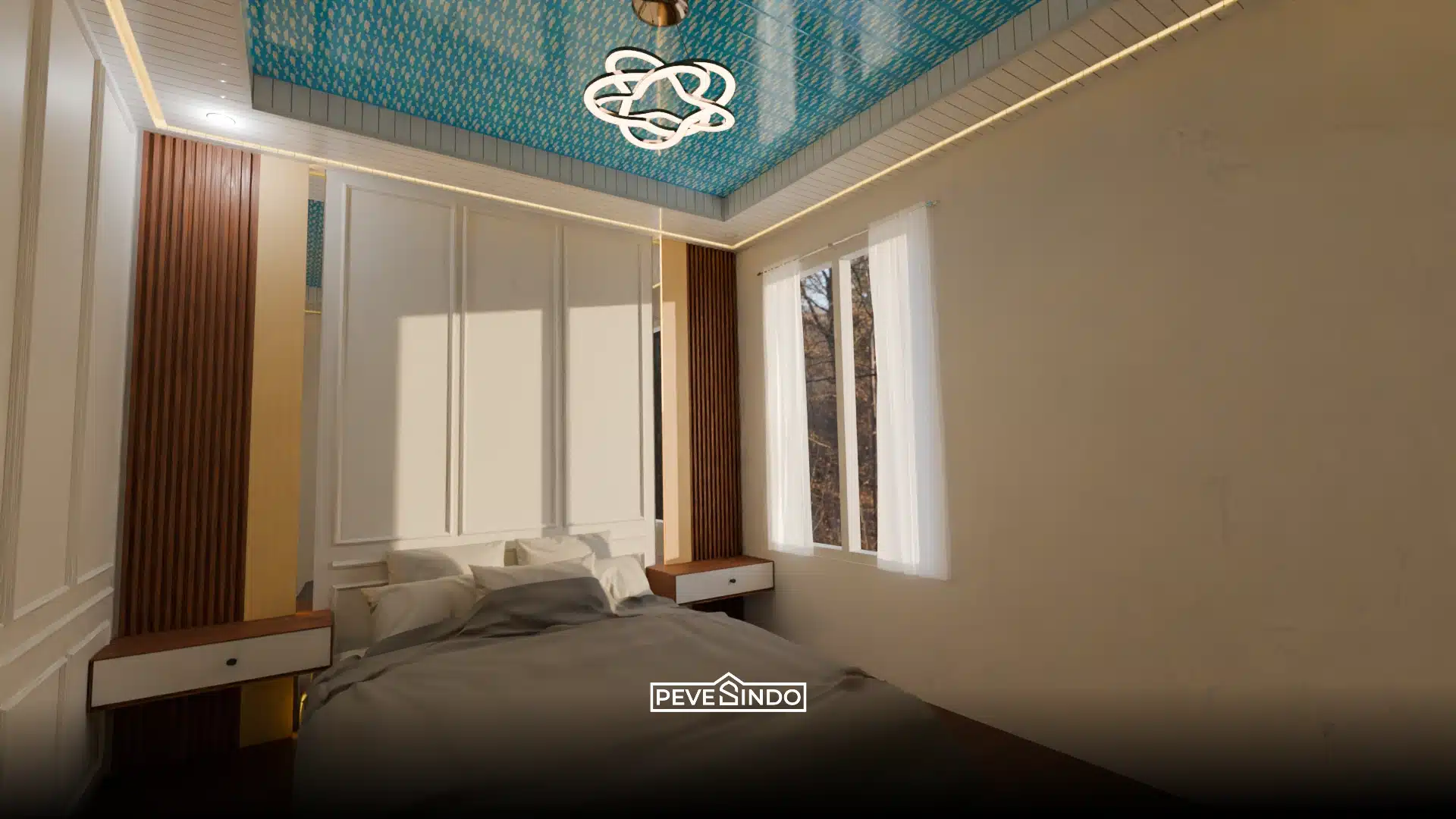 Plafon PVC motif awan langit biru cerah untuk kamar tidur anak.