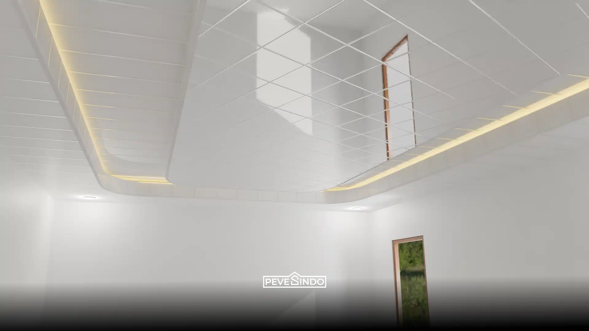 Aksen plafon PVC efek cermin glossy untuk kamar tidur futuristik.