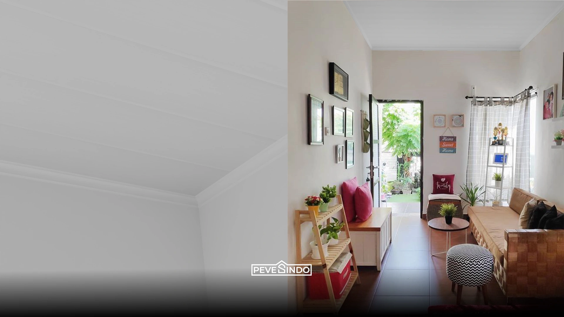 Model plafon PVC minimalis warna putih polos untuk menutupi atap beton yang tidak rata agar terlihat lurus.