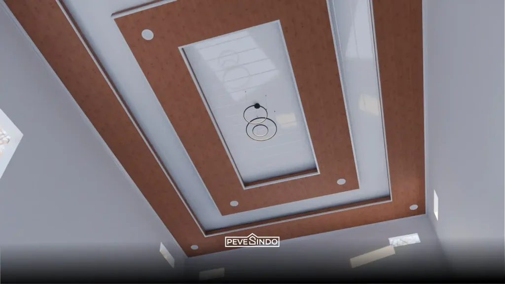 Tekstur plafon PVC serat kayu kasar warna cokelat tua untuk gaya desain rustic modern.