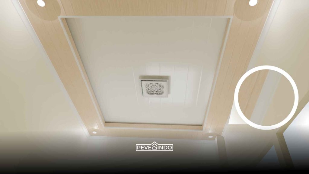Detail list moulding minimalis pada desain plafon ruang tamu elegan yang membingkai atap dengan rapi dan tegas.