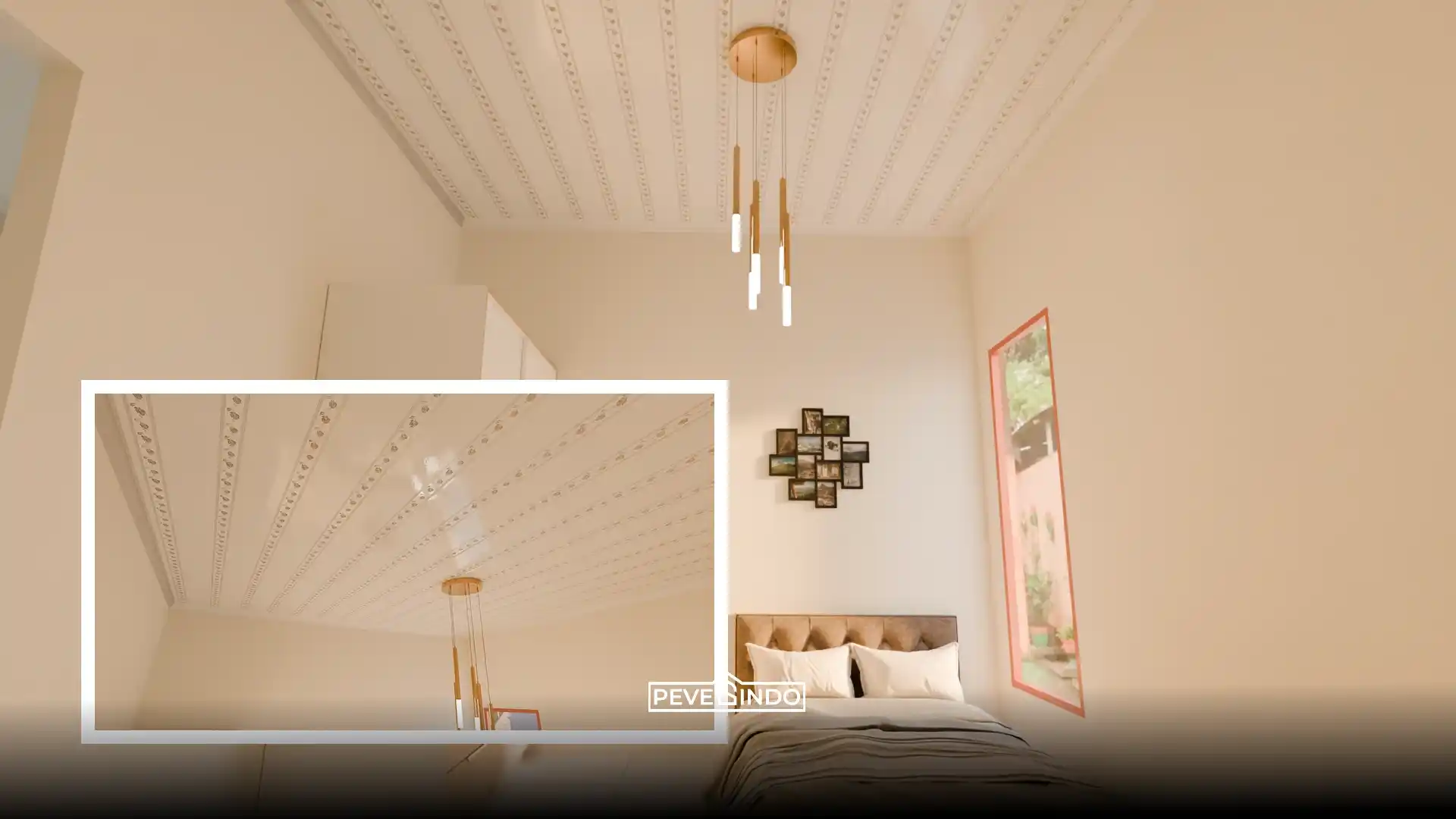 Plafon PVC flat motif garis linear putih untuk efek ruangan panjang.