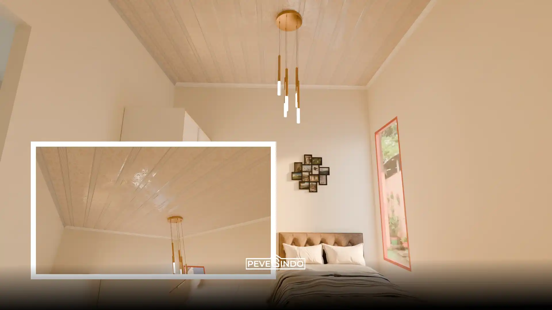 Model plafon PVC flat dengan motif ornamen putih krem mewah untuk kamar tidur.