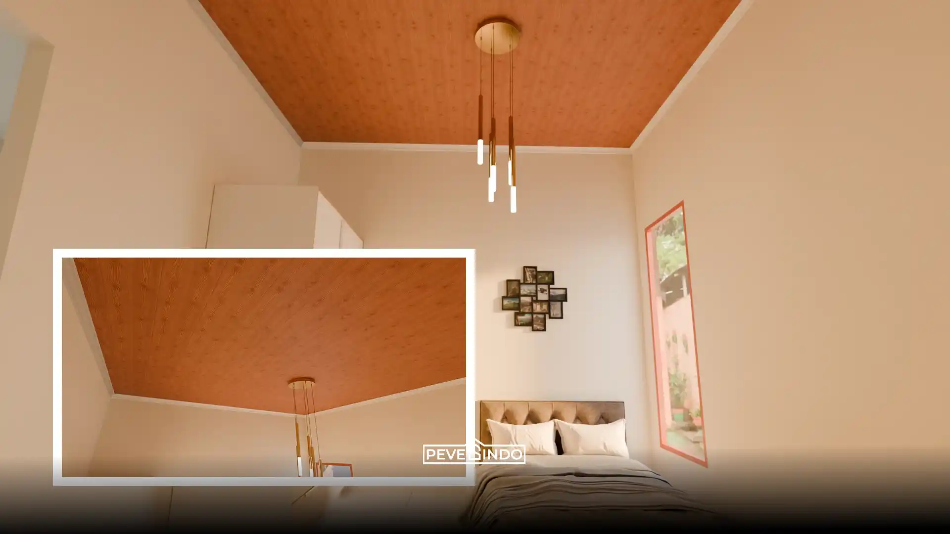 Model plafon PVC flat motif kayu cokelat tua untuk suasana kamar hangat.