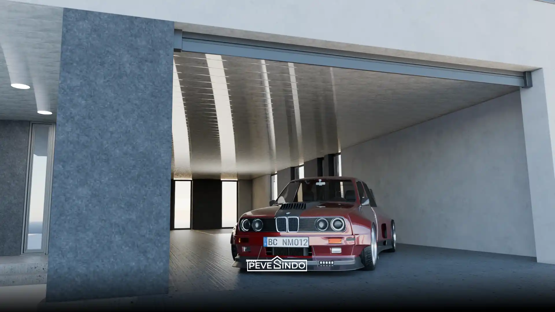 Desain langit-langit garasi modern menggunakan plafon PVC motif marmer glossy yang tahan air dan anti rayap.