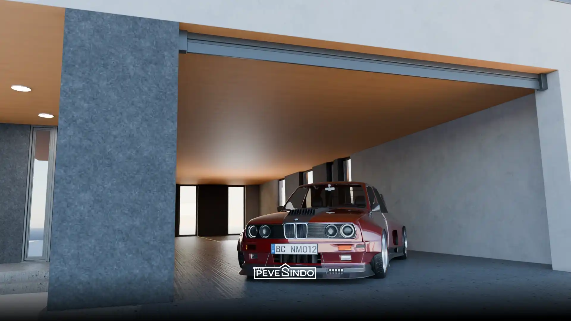 Area garasi mobil bergaya modern dengan pengaplikasian plafon PVC warna cokelat solid yang rapi, anti air, dan bebas rayap.