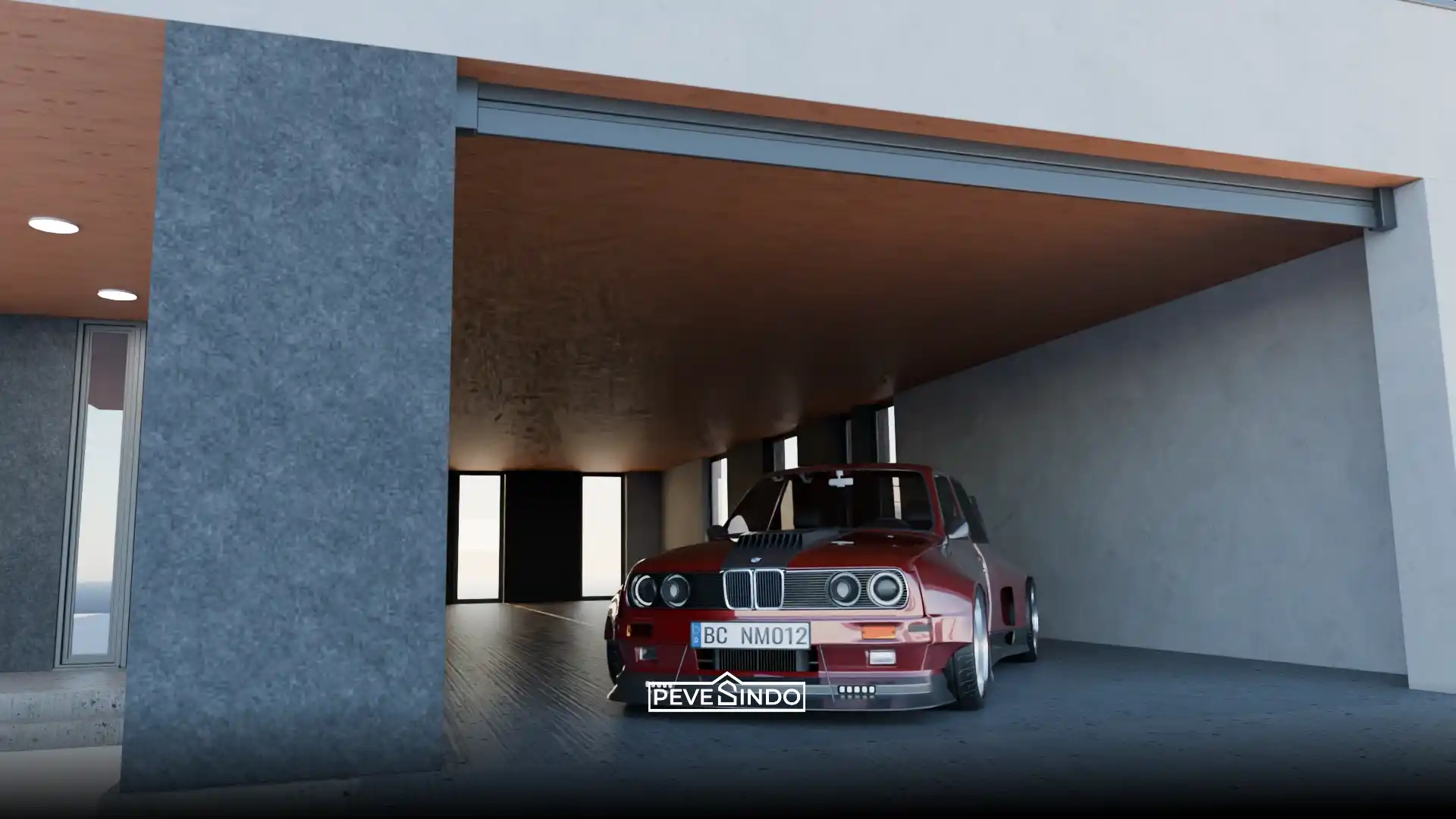 Langit-langit garasi berdesain modern menggunakan plafon PVC motif serat kayu klasik berwarna cokelat yang awet, anti air, dan bebas rayap.