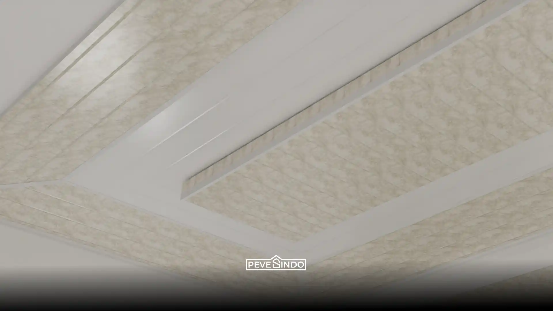 Lorong rumah sempit yang terlihat terang berkat pantulan dari plafon PVC mengkilap.