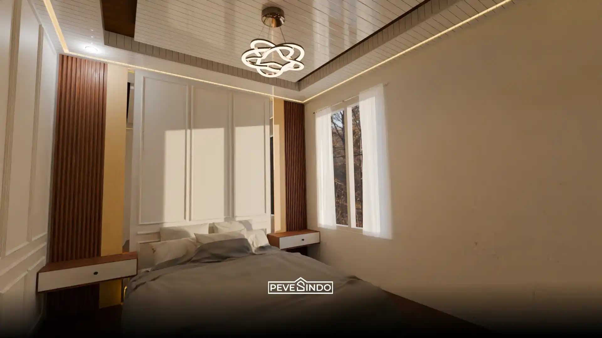 Kamar tidur plafon rendah yang tampak luas dengan plafon PVC elegan bertekstur glossy.