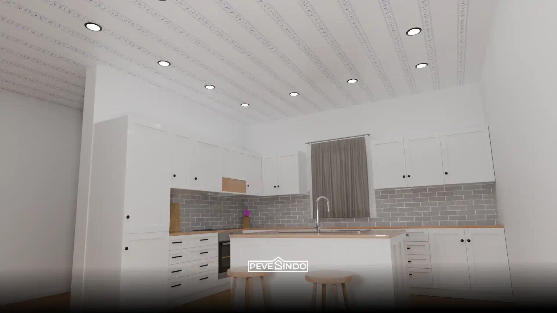 Plafon PVC modern di dapur kecil yang memantulkan cahaya dan mudah dibersihkan dari noda masakan.