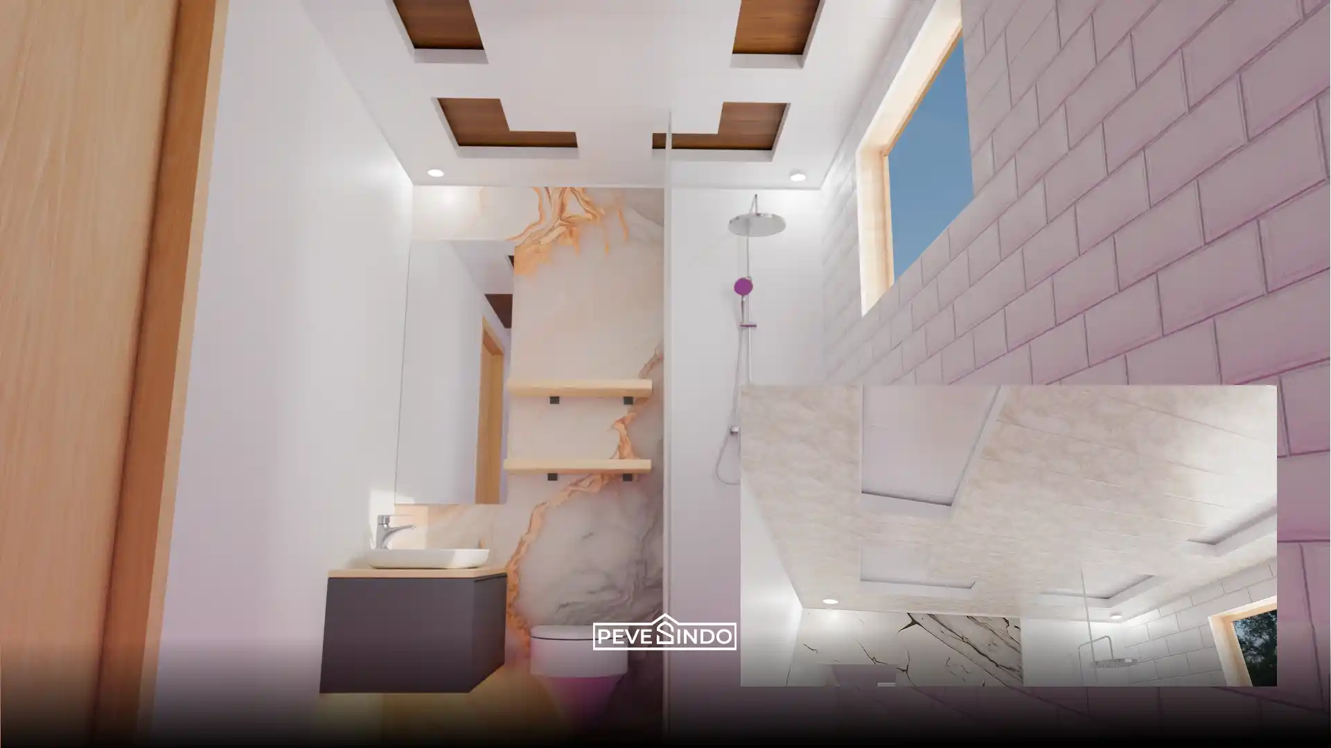 Kamar mandi tanpa jendela yang terang dan bebas jamur berkat plafon PVC tahan air.