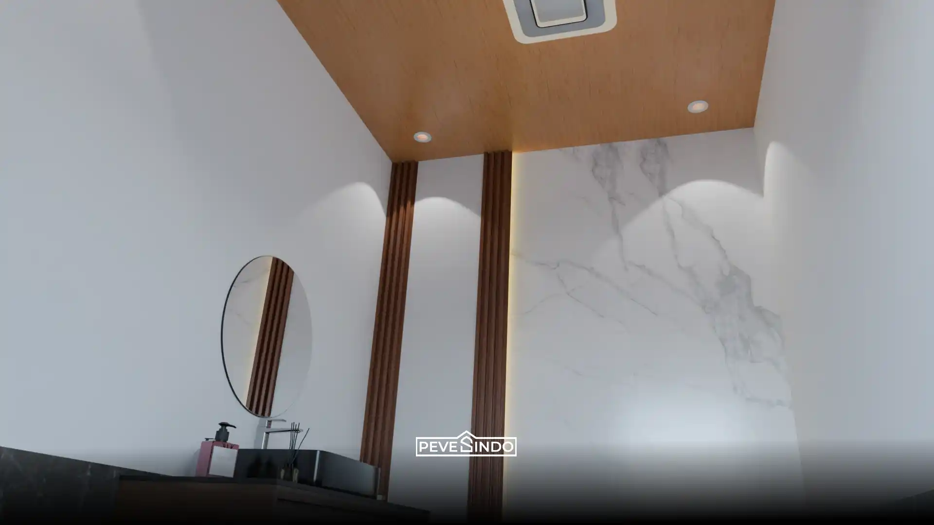 Desain kamar mandi minimalis modern dengan plafon PVC motif kayu tahan air, dinding UV board marmer putih, dan aksen WPC wall panel kayu.