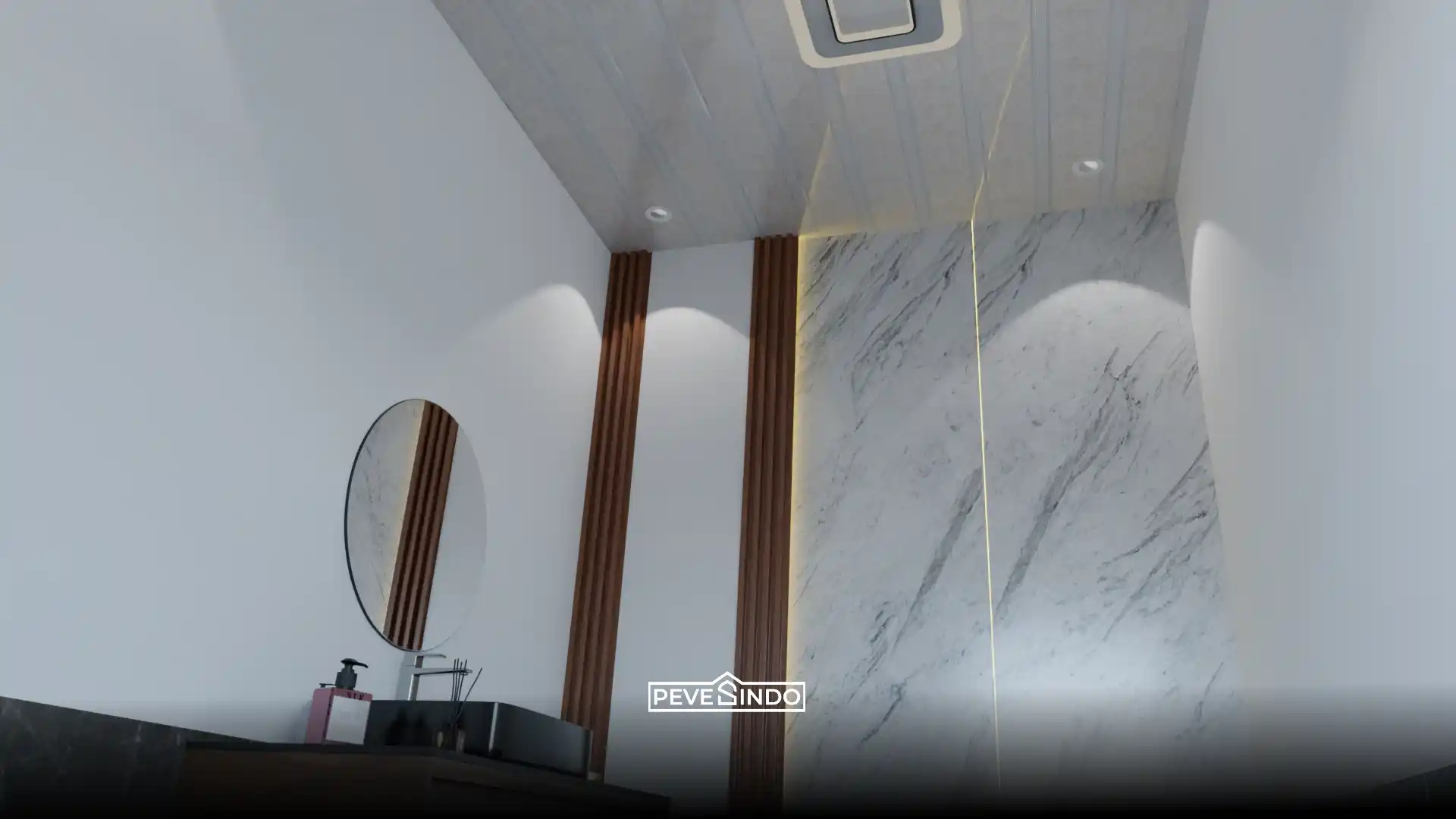 Desain interior kamar mandi elegan dengan plafon PVC garis abu-abu tahan lembab, dinding pelapis UV board marmer putih aksen emas, dan WPC wall panel kayu.