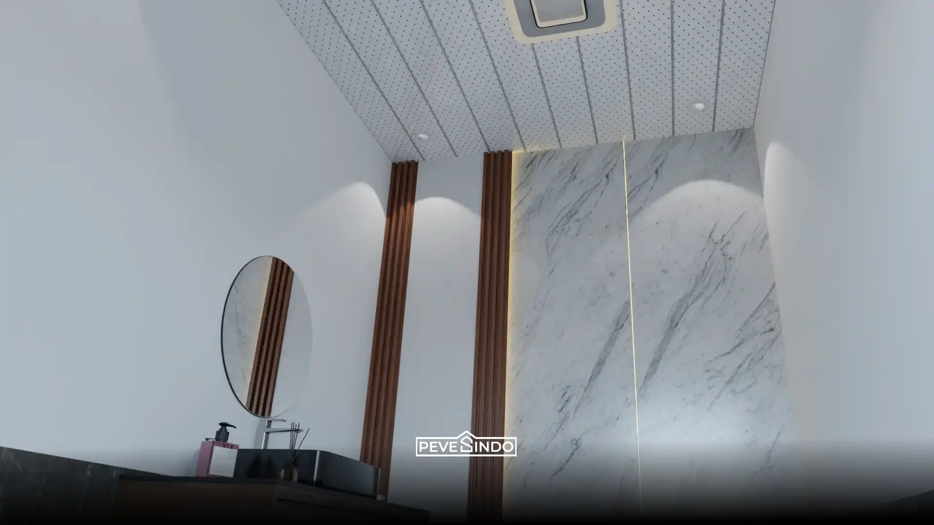 Desain kamar mandi minimalis modern dengan plafon PVC putih motif grid tahan air, dinding pelapis UV board marmer elegan, dan aksen WPC wall panel bernuansa kayu.