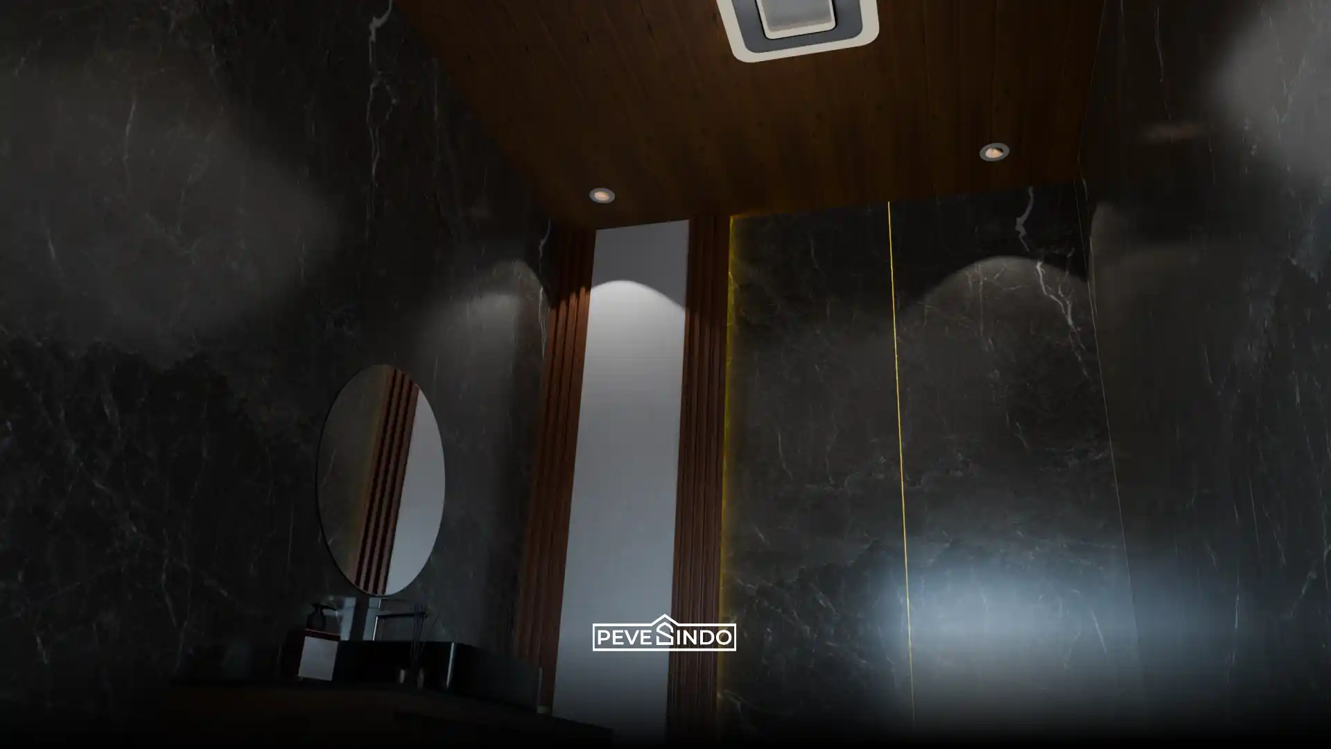 Desain interior kamar mandi mewah bernuansa gelap dengan plafon PVC motif kayu cokelat tua anti air, dinding pelapis UV board marmer hitam, dan aksen WPC wall panel.