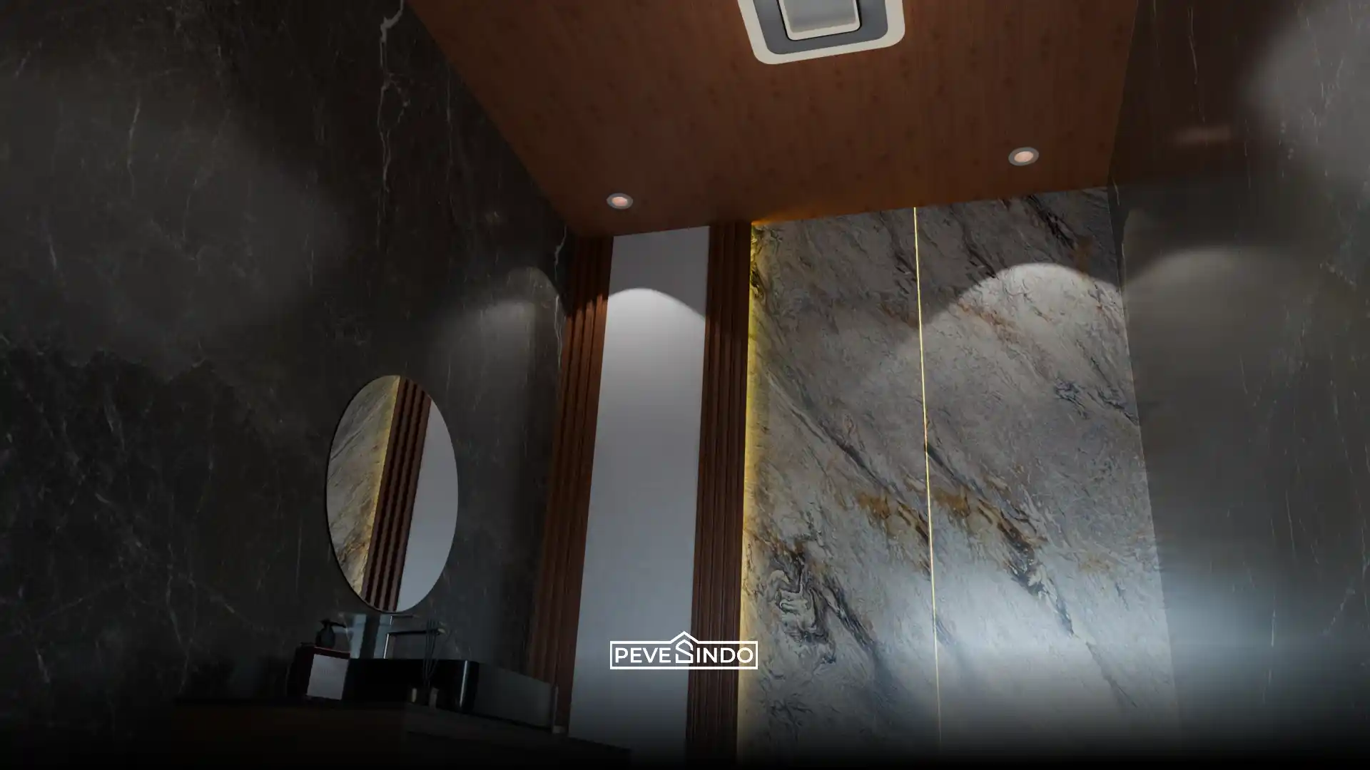 Desain kamar mandi mewah dengan plafon PVC motif kayu eksotis tahan air, dinding pelapis UV board marmer abstrak aksen emas, dan WPC wall panel cokelat.