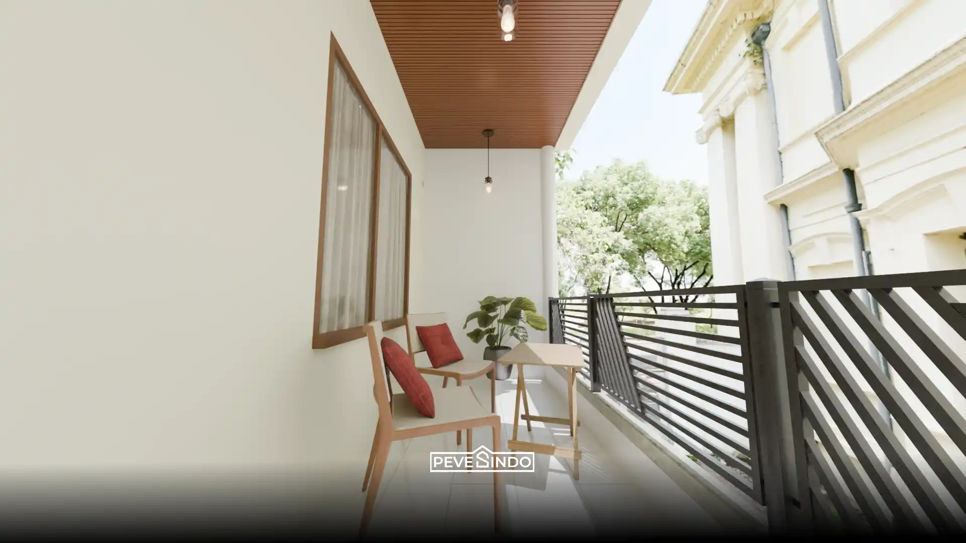 Tampilan balkon rumah yang estetik menggunakan plafon PVC motif kayu yang awet dan tahan terhadap serangan rayap.