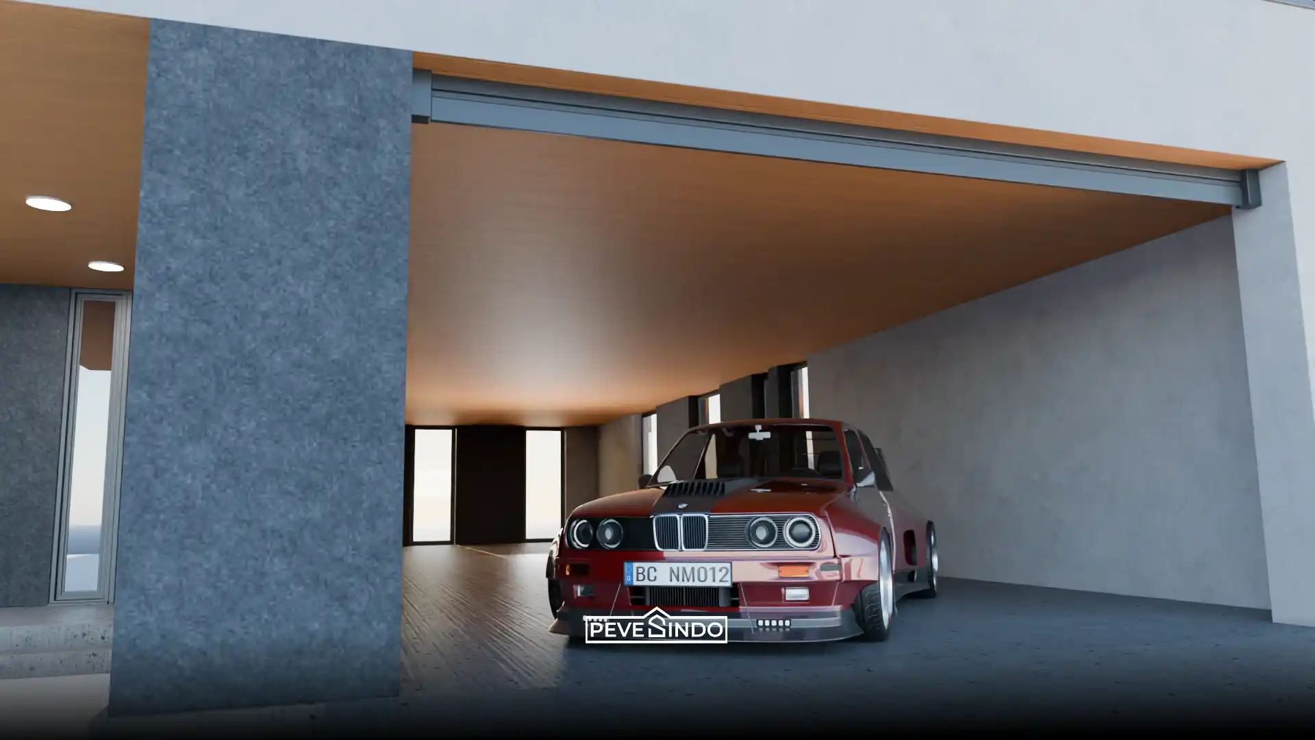 Carport rumah dengan plafon PVC warna putih yang terlihat bersih, cerah, dan tidak mudah pudar meski terkena cuaca panas.