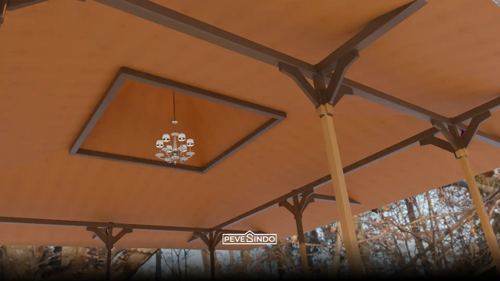 Desain plafon PVC motif serat kayu warna cokelat bergaya modern klasik dengan lampu gantung pada gazebo outdoor anti rayap.