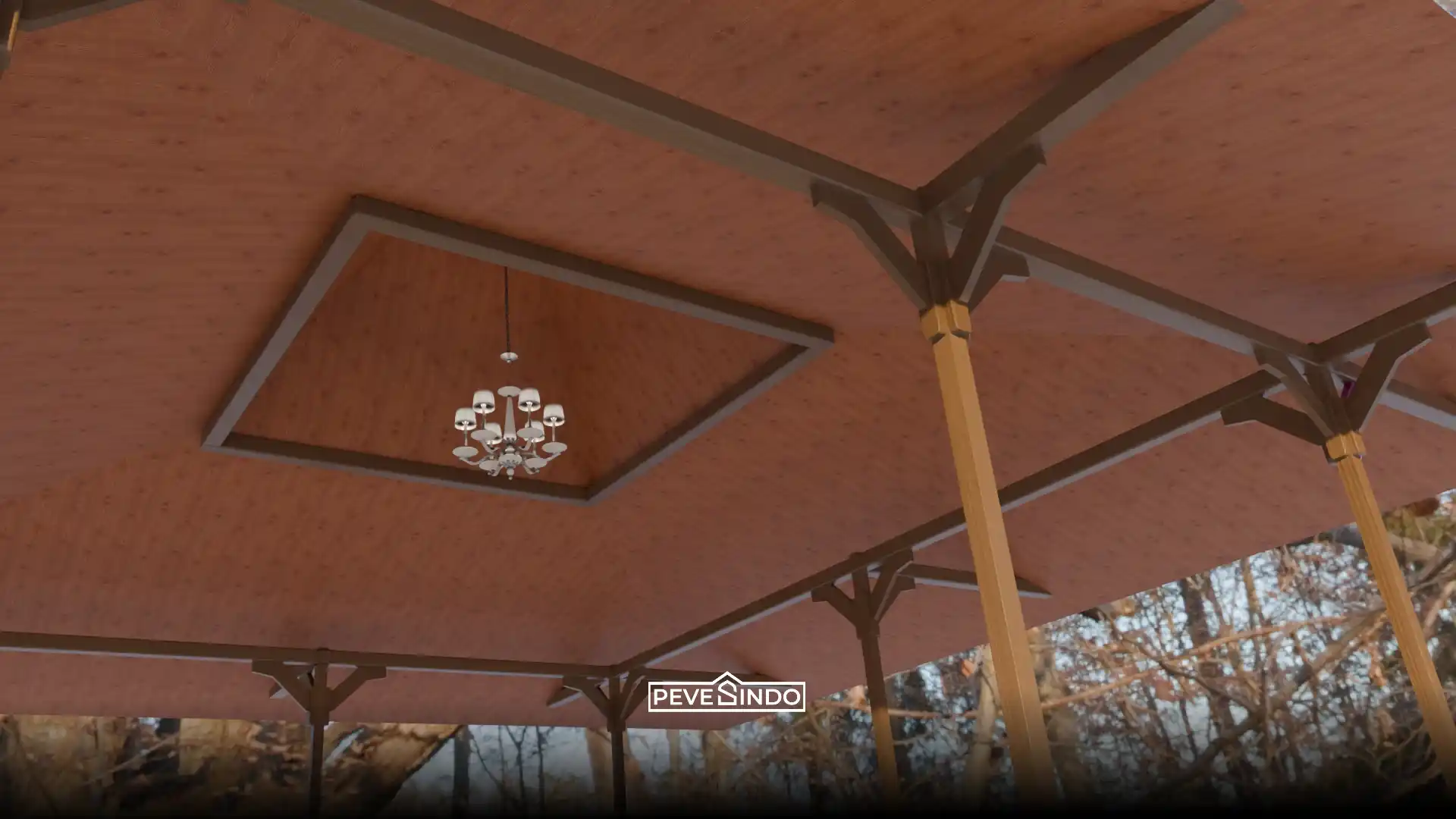 Instalasi plafon PVC motif serat kayu warna kemerahan dengan desain drop ceiling dan lampu gantung pada gazebo luar ruangan yang anti lapuk.