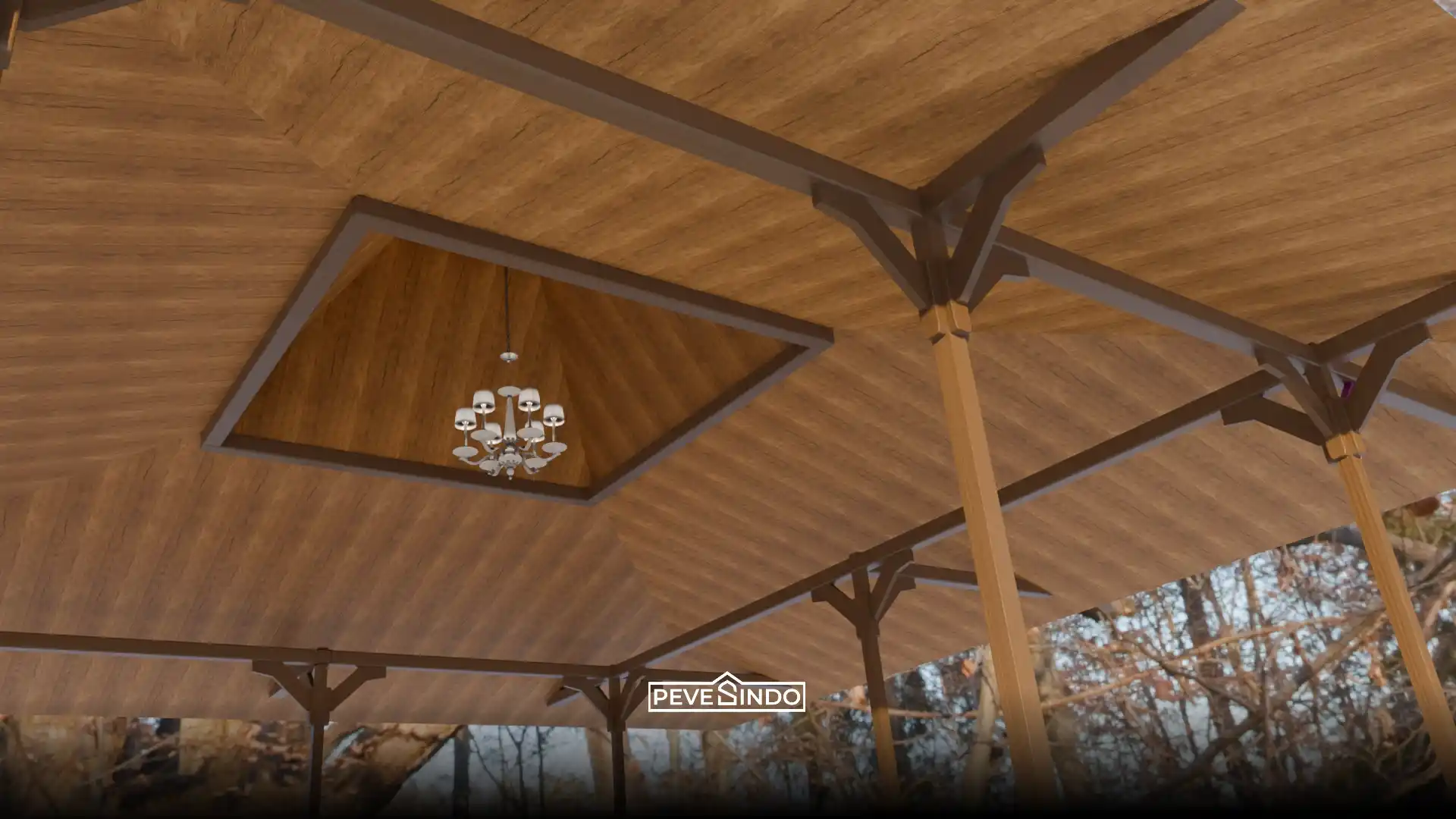 Desain plafon PVC motif serat kayu natural berbentuk limasan dengan lampu gantung pada gazebo outdoor yang tahan air dan anti rayap.