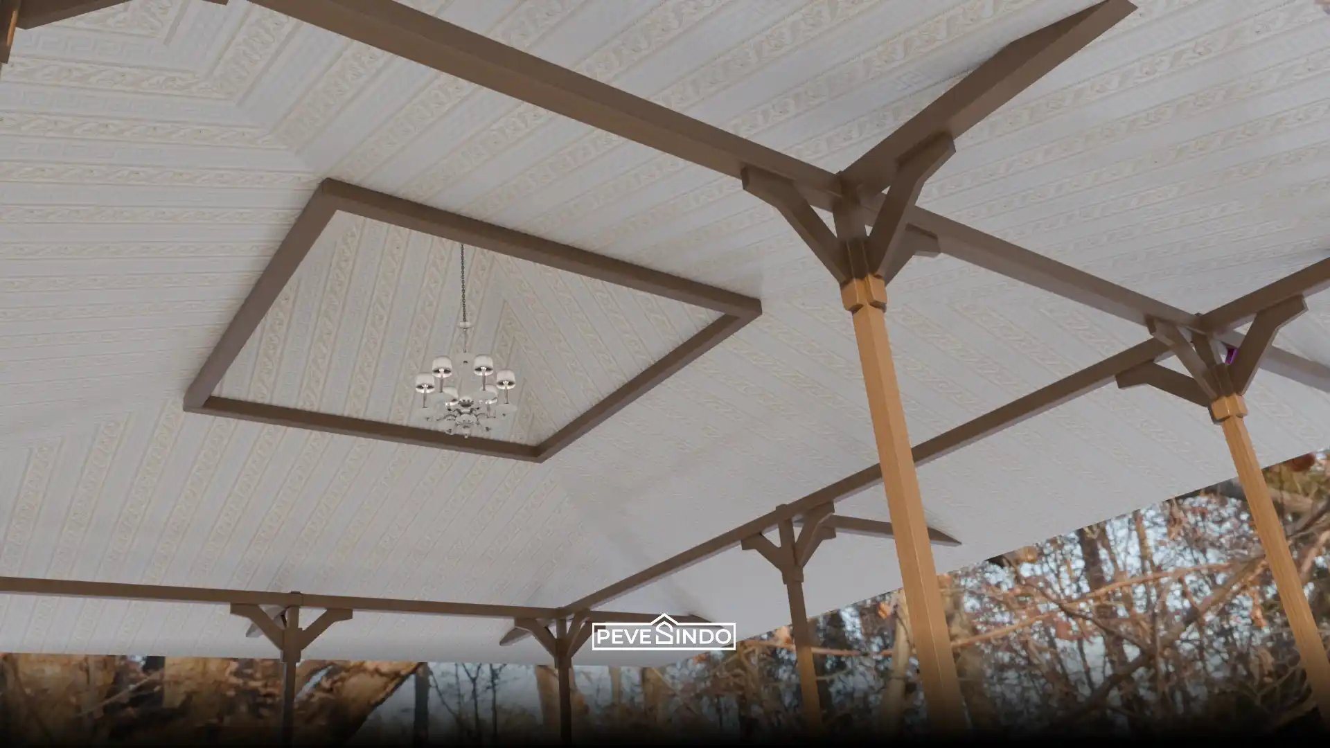 Pemasangan plafon PVC warna putih motif bertekstur klasik dengan rangka kayu gelap dan lampu gantung pada gazebo luar ruangan yang tahan cuaca.