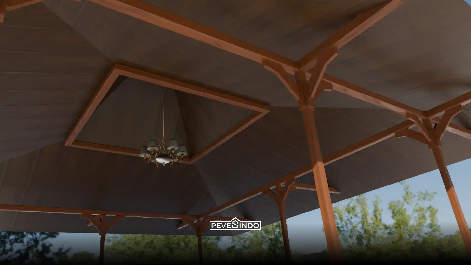 Pemasangan plafon PVC serat kayu gelap pada gazebo untuk mencegah noda bocor.