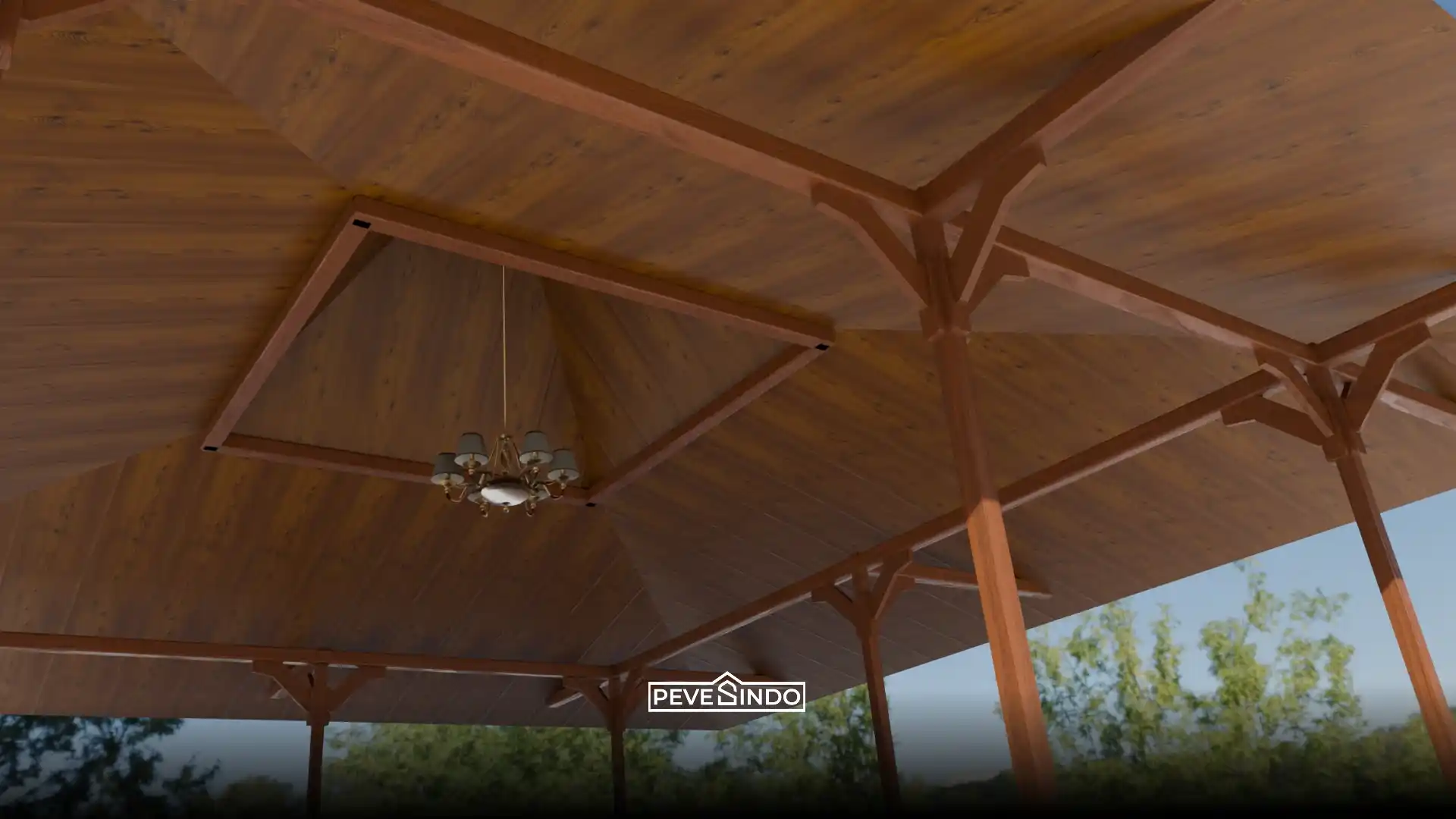 Pemasangan plafon PVC motif serat kayu cokelat tua model limasan dengan lampu gantung pada atap gazebo outdoor yang anti rayap dan tahan air.